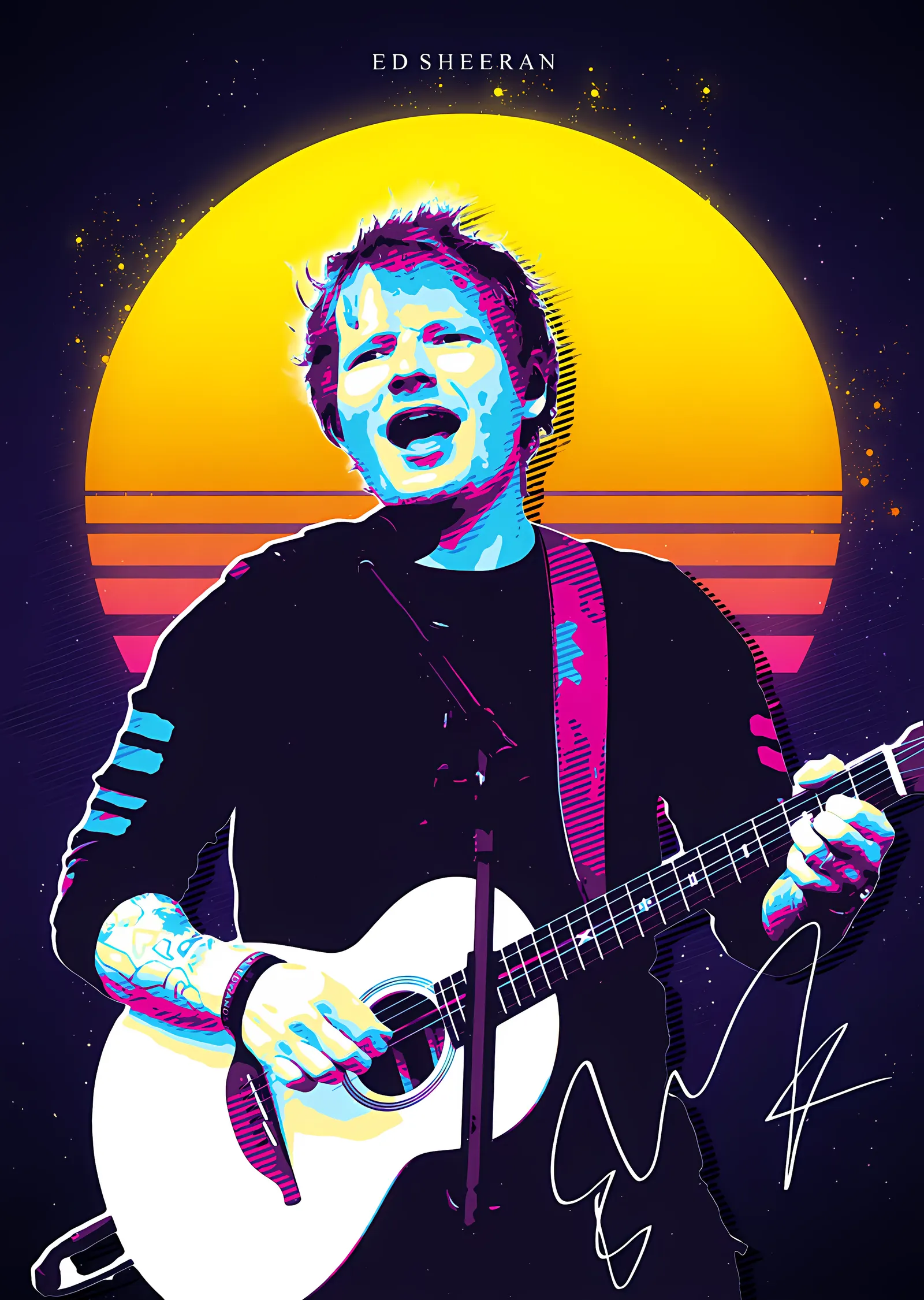 Ed Sheeran - Retro Güneşte Gitar metal tablo