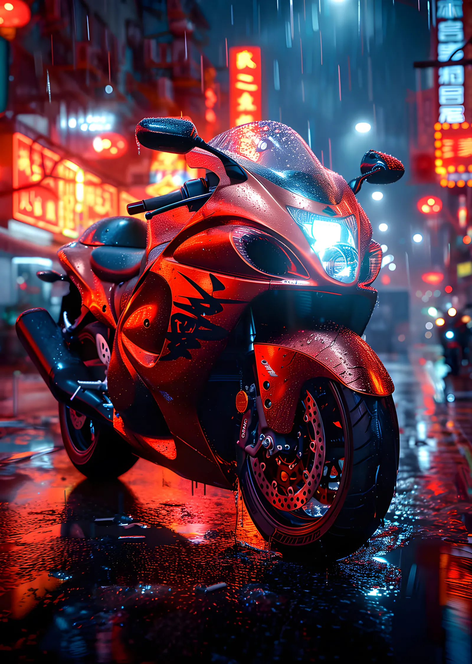 Kırmızı Motosiklet - Neon Sokak metal tablo