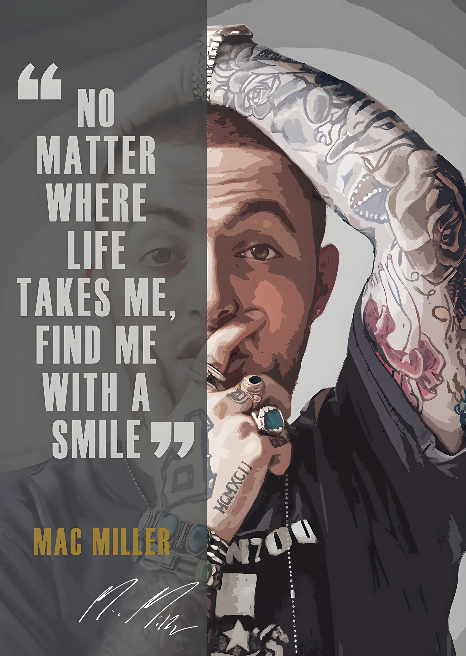 Mac Miller - Gri Zeminde Alıntı Portresi metal tablo