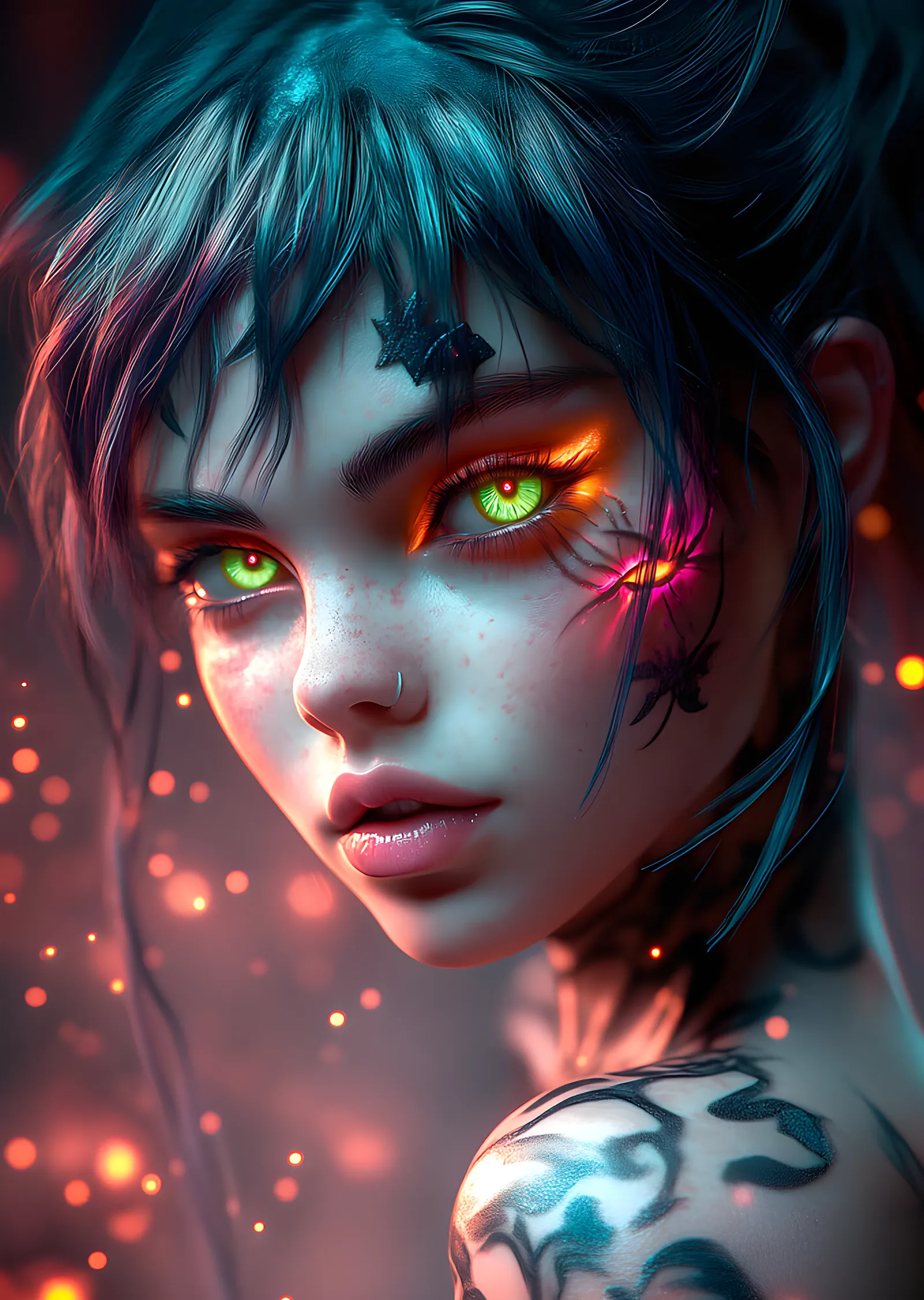 Yeşil Gözlü Neon Anime Portre metal tablo