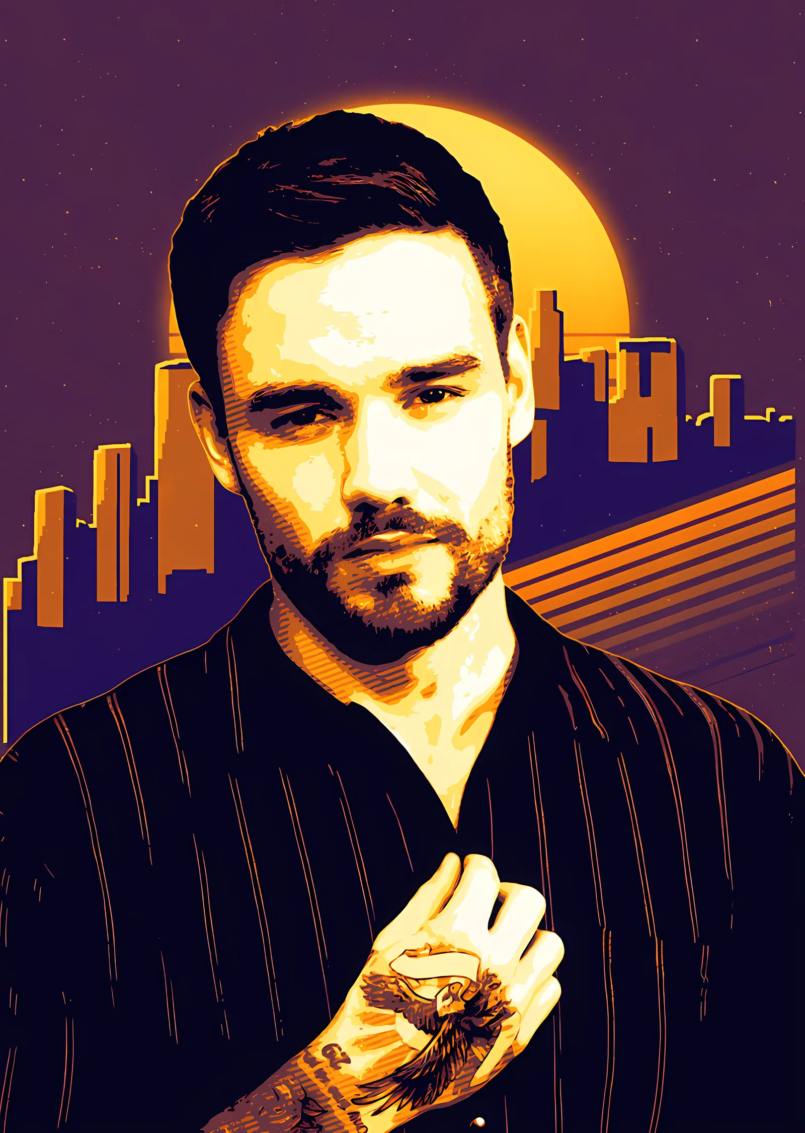 Liam Payne - Retro Şehir Silüetinde Portre metal tablo