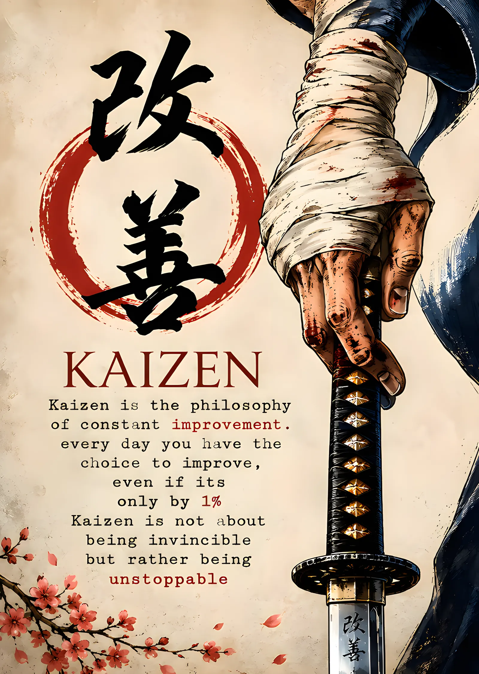Kaizen - Sargılı Elde Katana metal tablo
