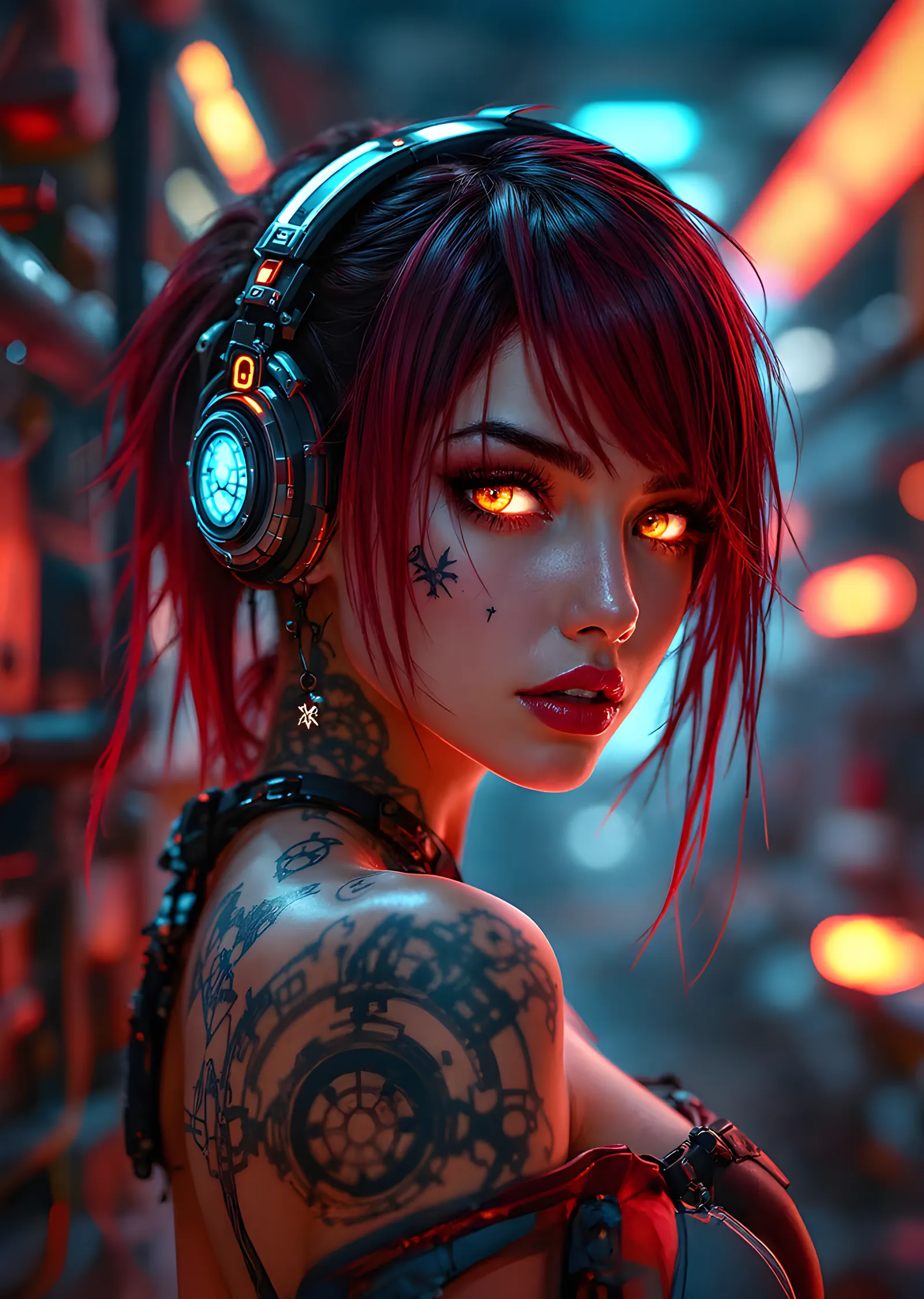 Kulaklıklı Siber Anime Kız - Kızıl Saç metal tablo
