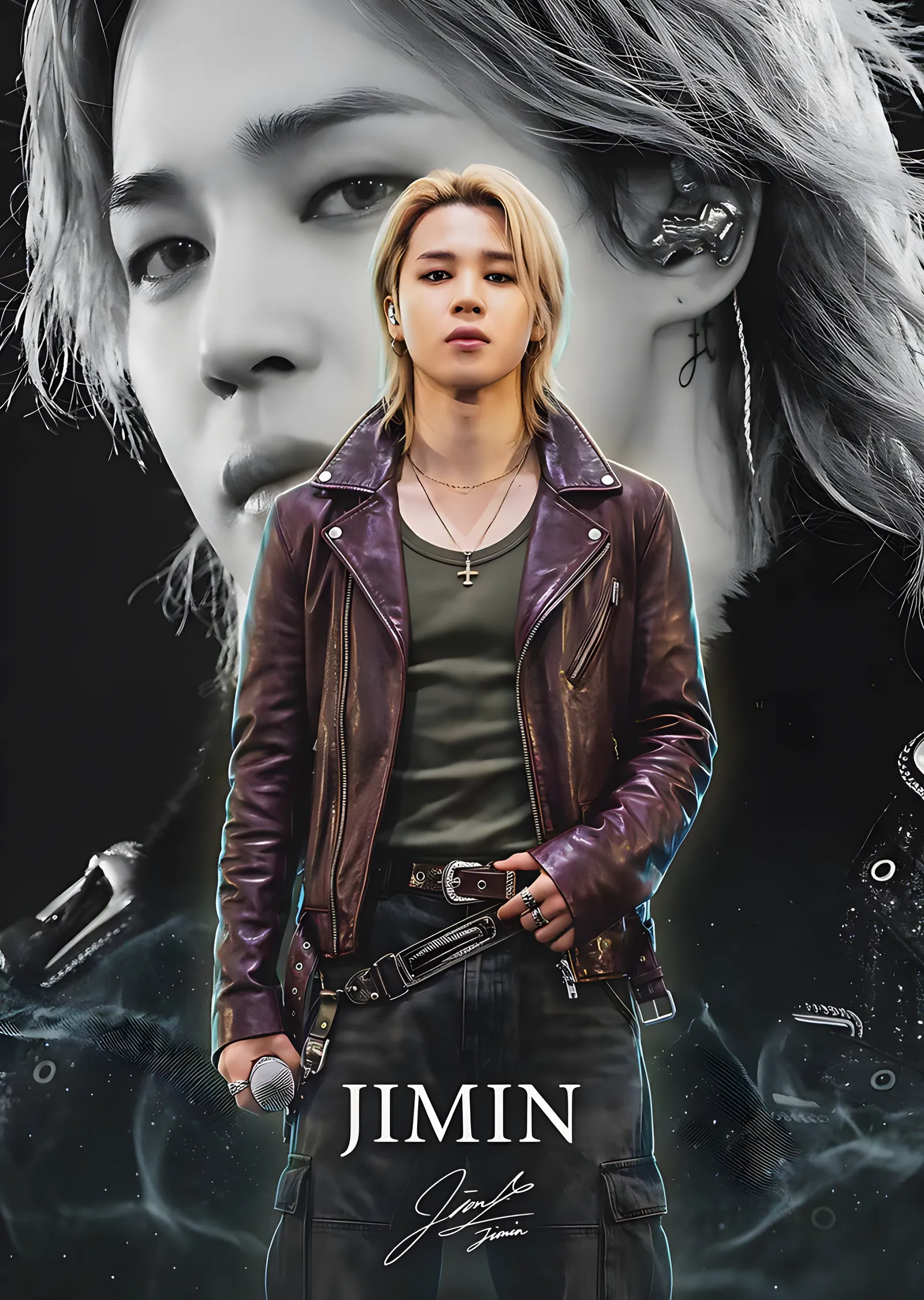 Jimin - Deri Ceketli Portre metal tablo