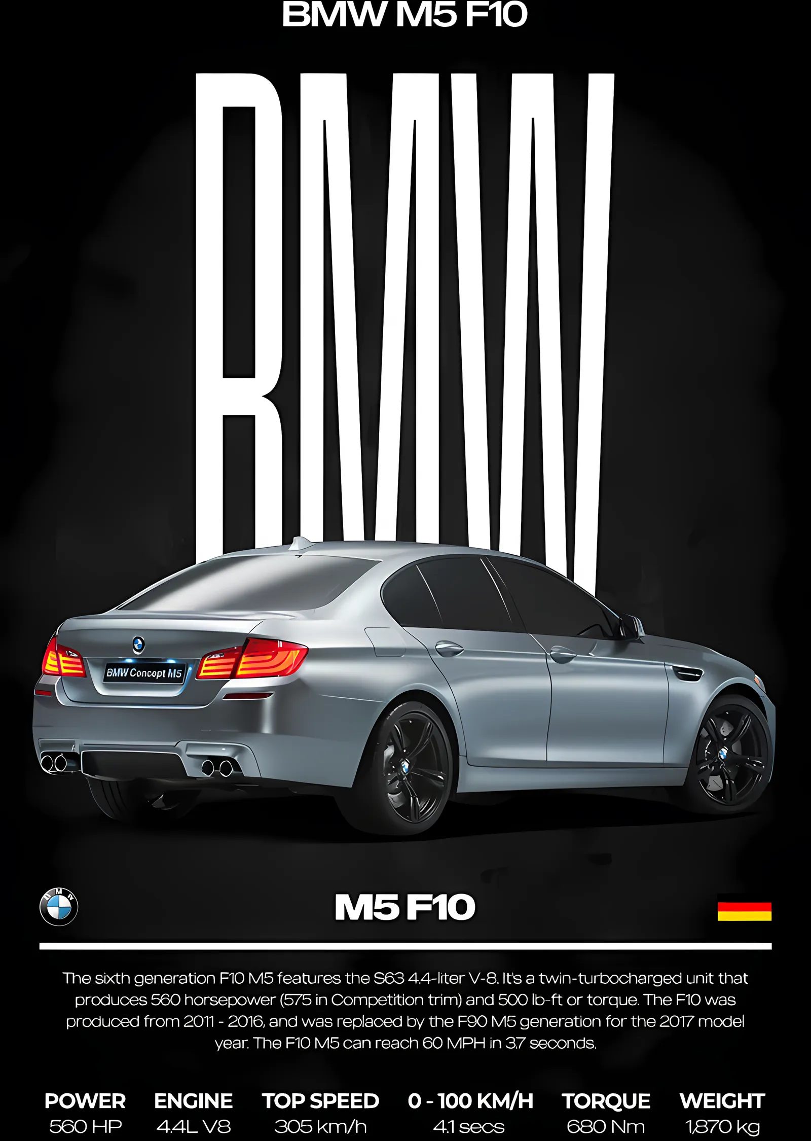 BMW M5 F10 · Gümüş Arka Görünüm metal tablo