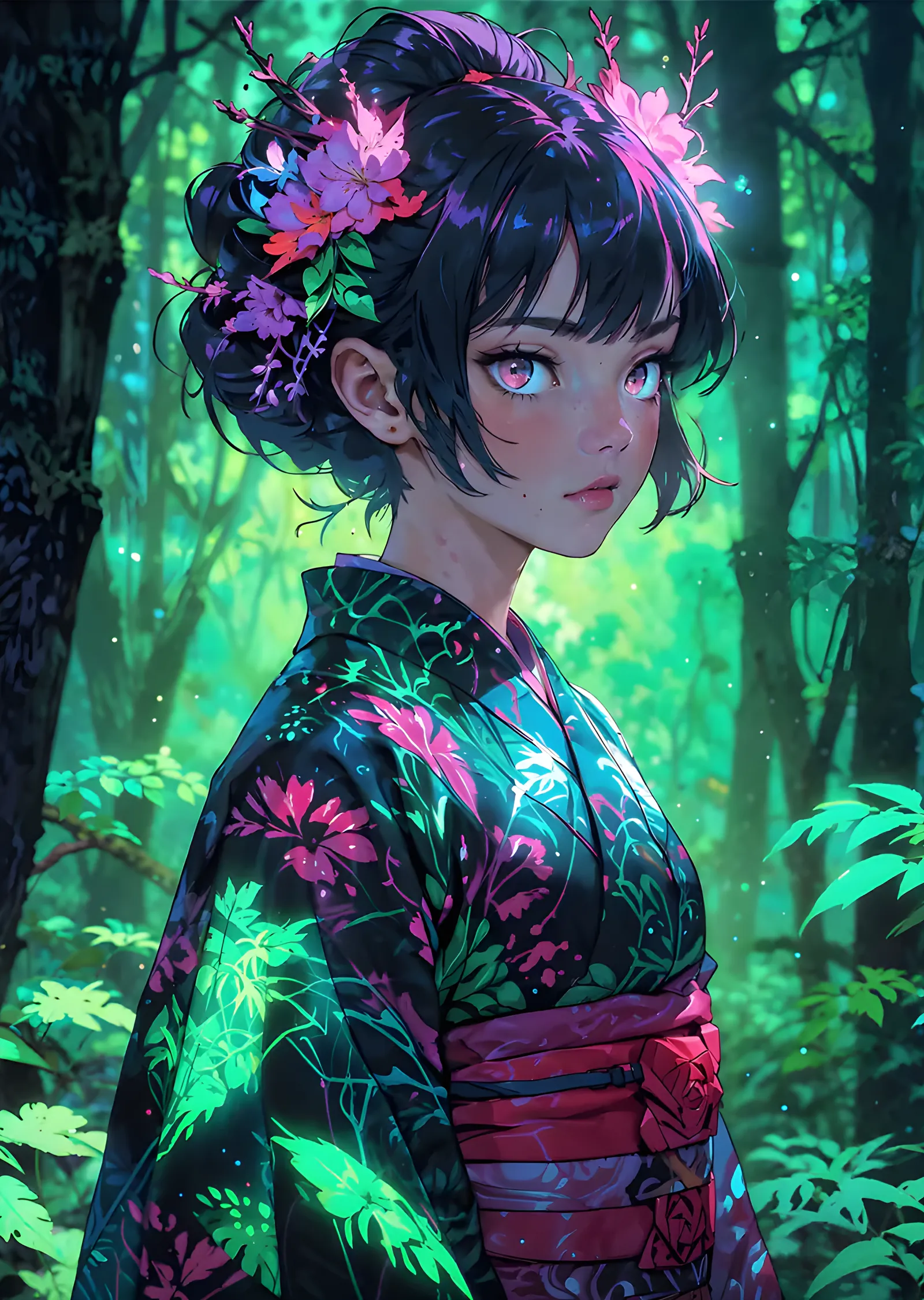 Yeşil Ormanda Kimonolu Anime Portre metal tablo