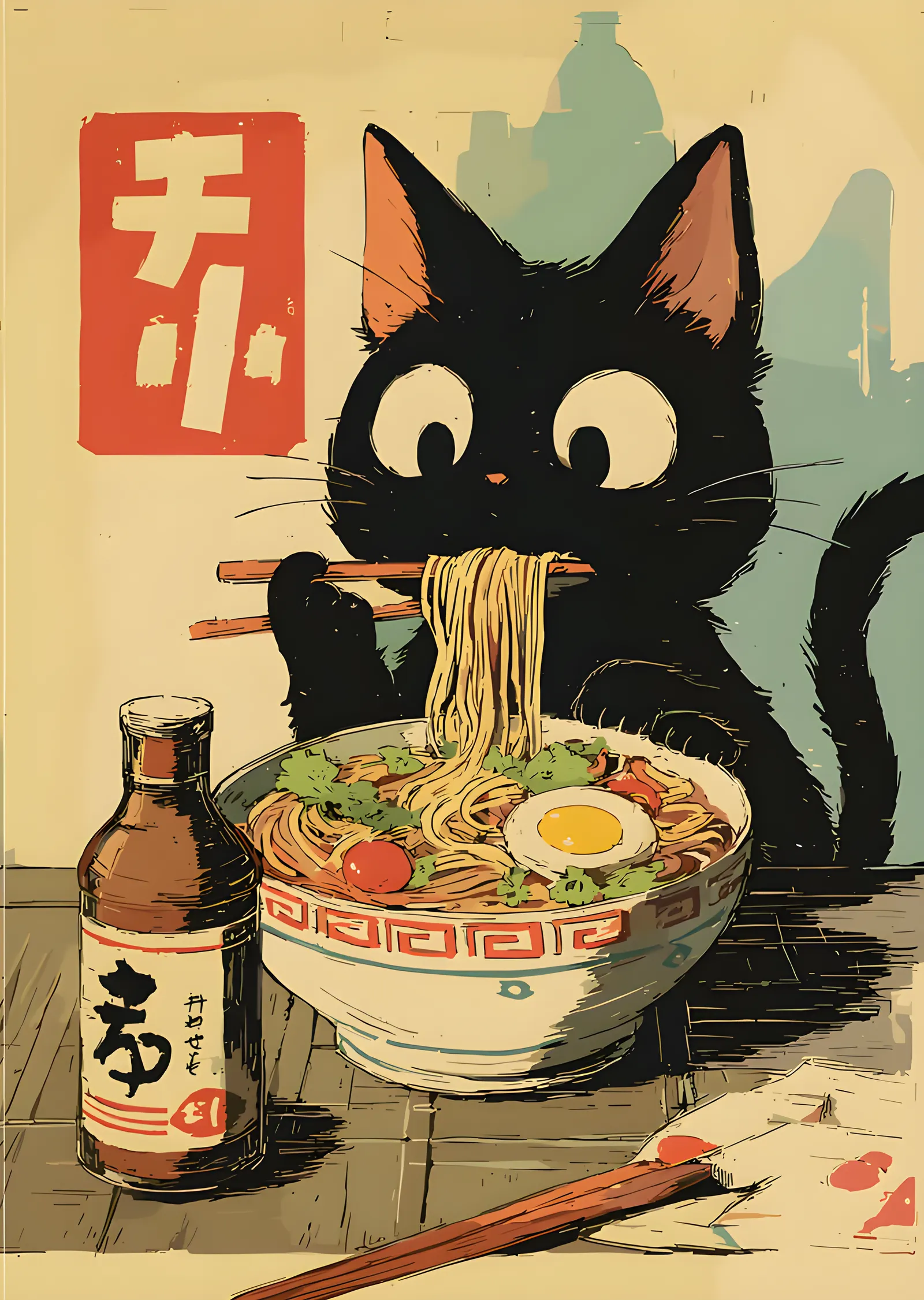Ramen Yiyen Kedi - Retro Baskı metal tablo