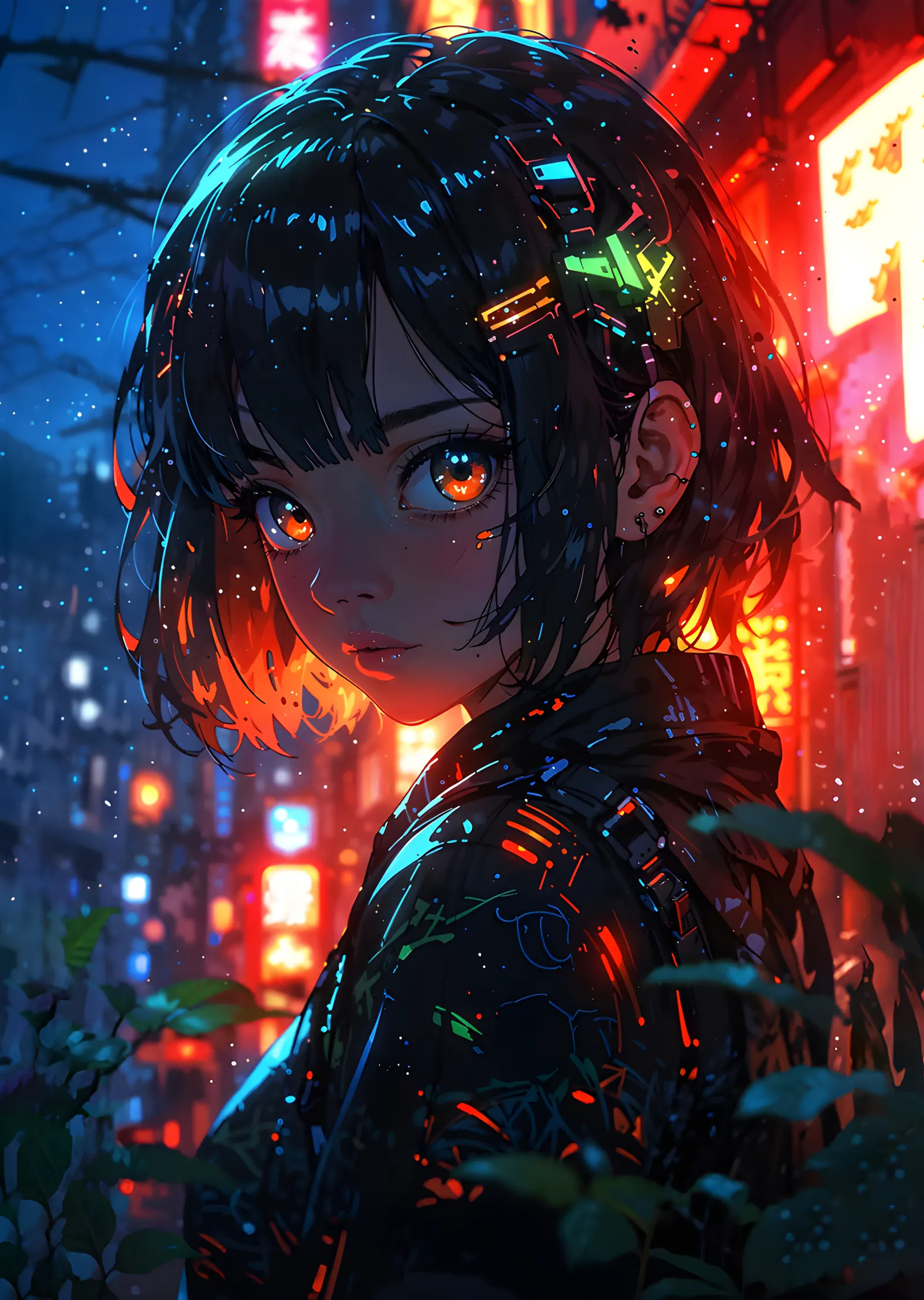Neon Sokakta Yeşil Vurgulu Anime Portre metal tablo