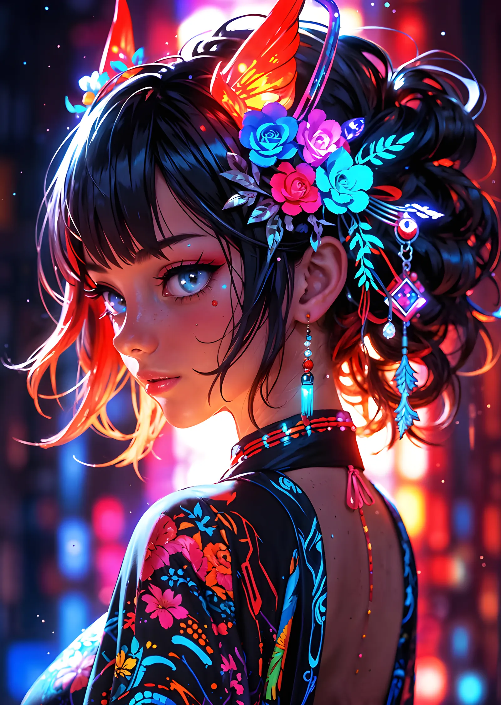Çiçek Taçlı Neon Anime Portre metal tablo
