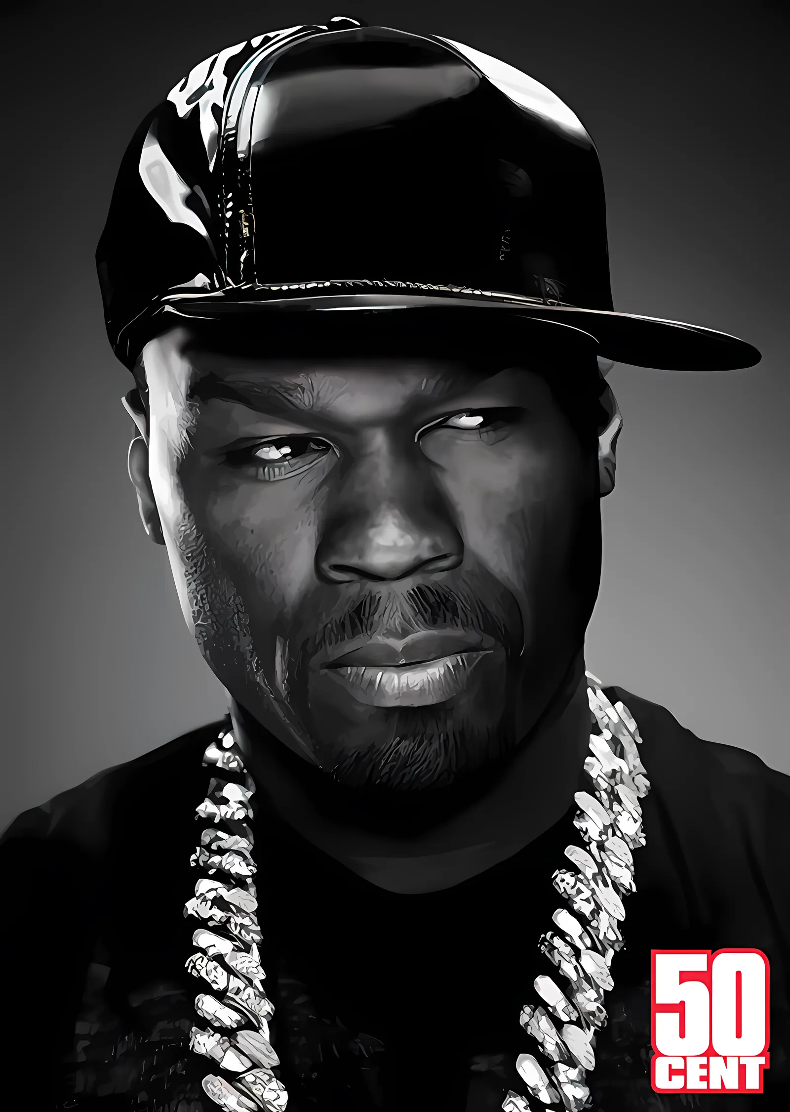 50 Cent - Siyah Beyaz Zincirli Portre metal tablo