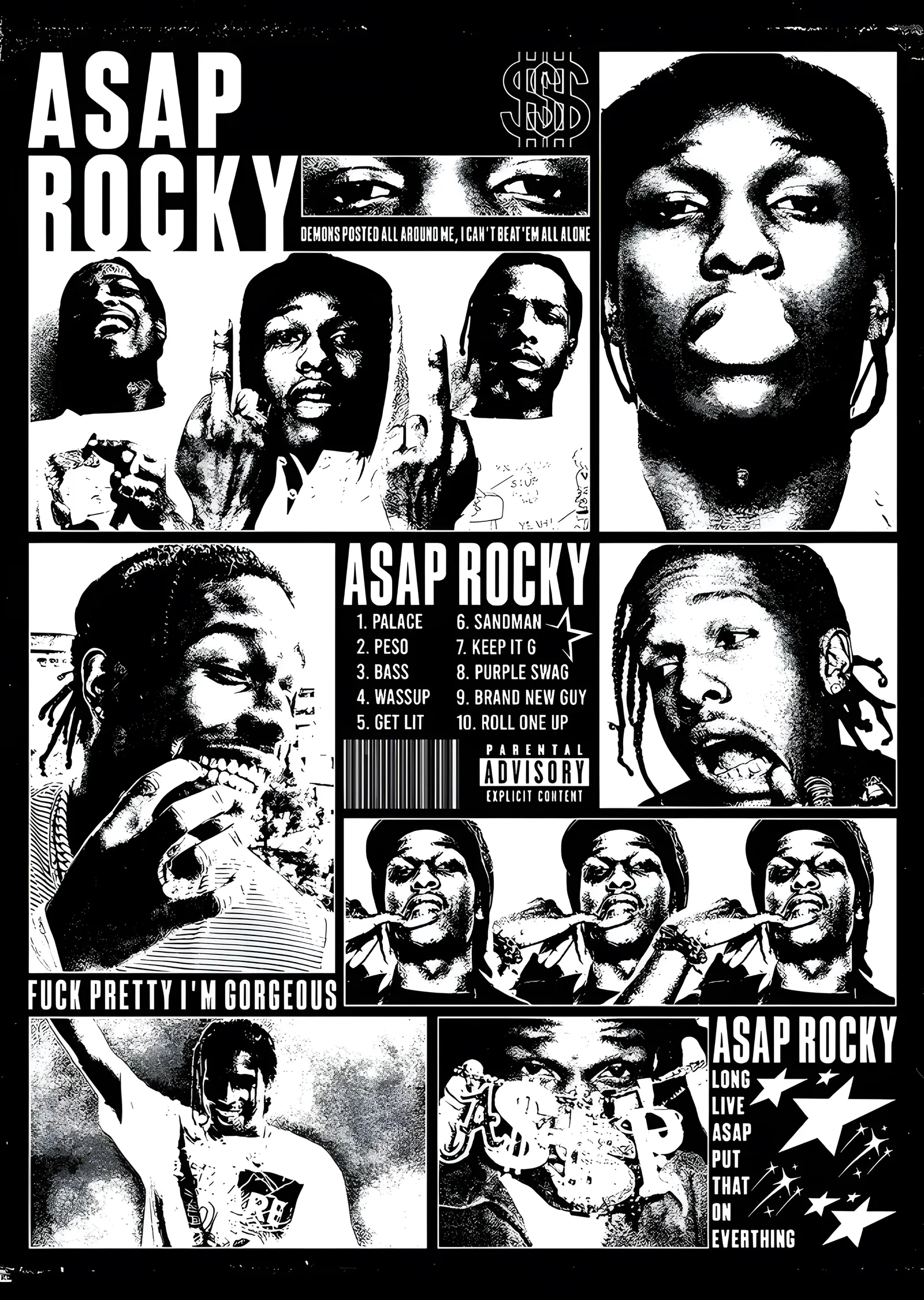 ASAP Rocky - Siyah Beyaz Kolaj Afişi metal tablo