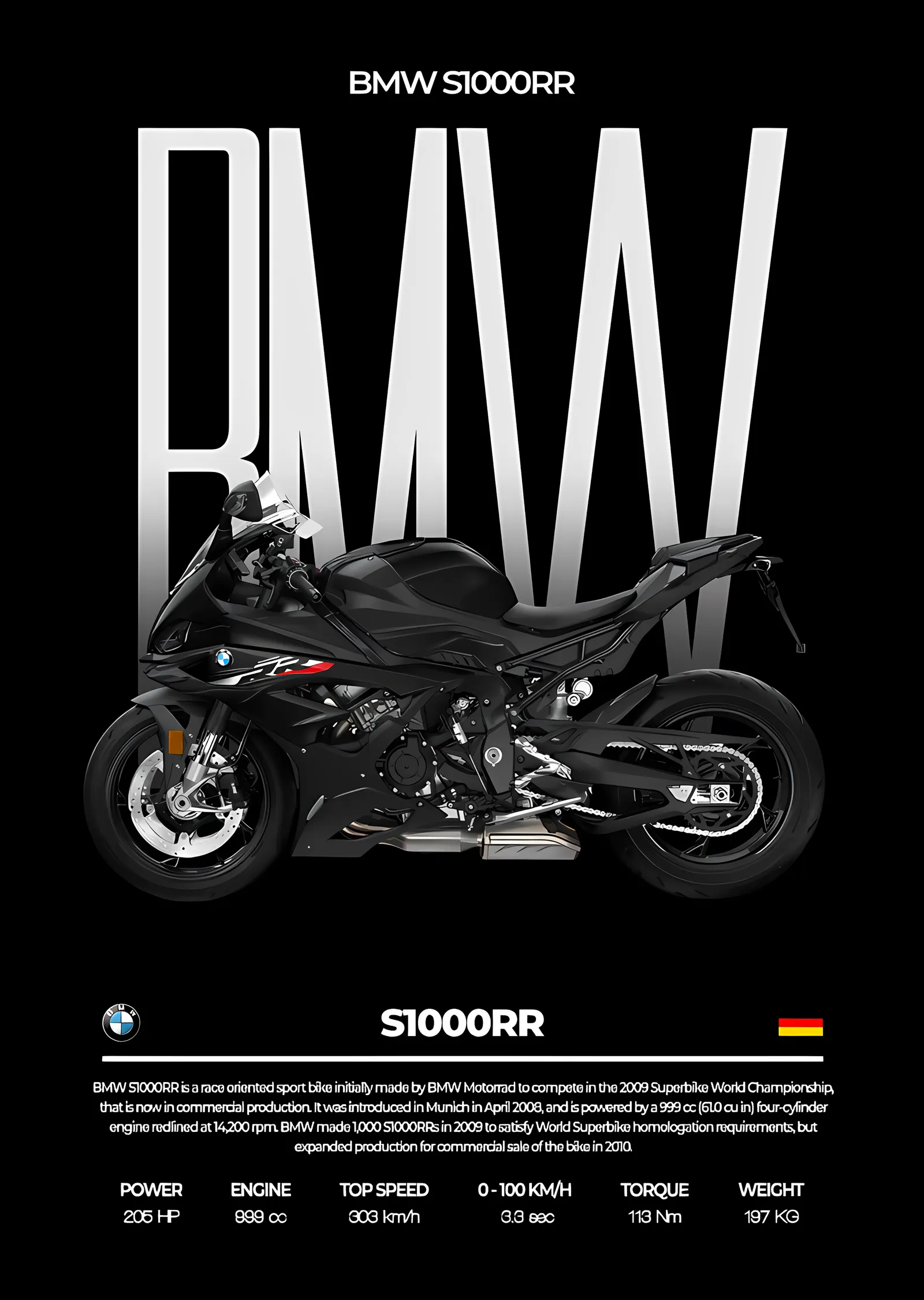 BMW S1000RR - Siyah Zeminde Karbon Gövde metal tablo