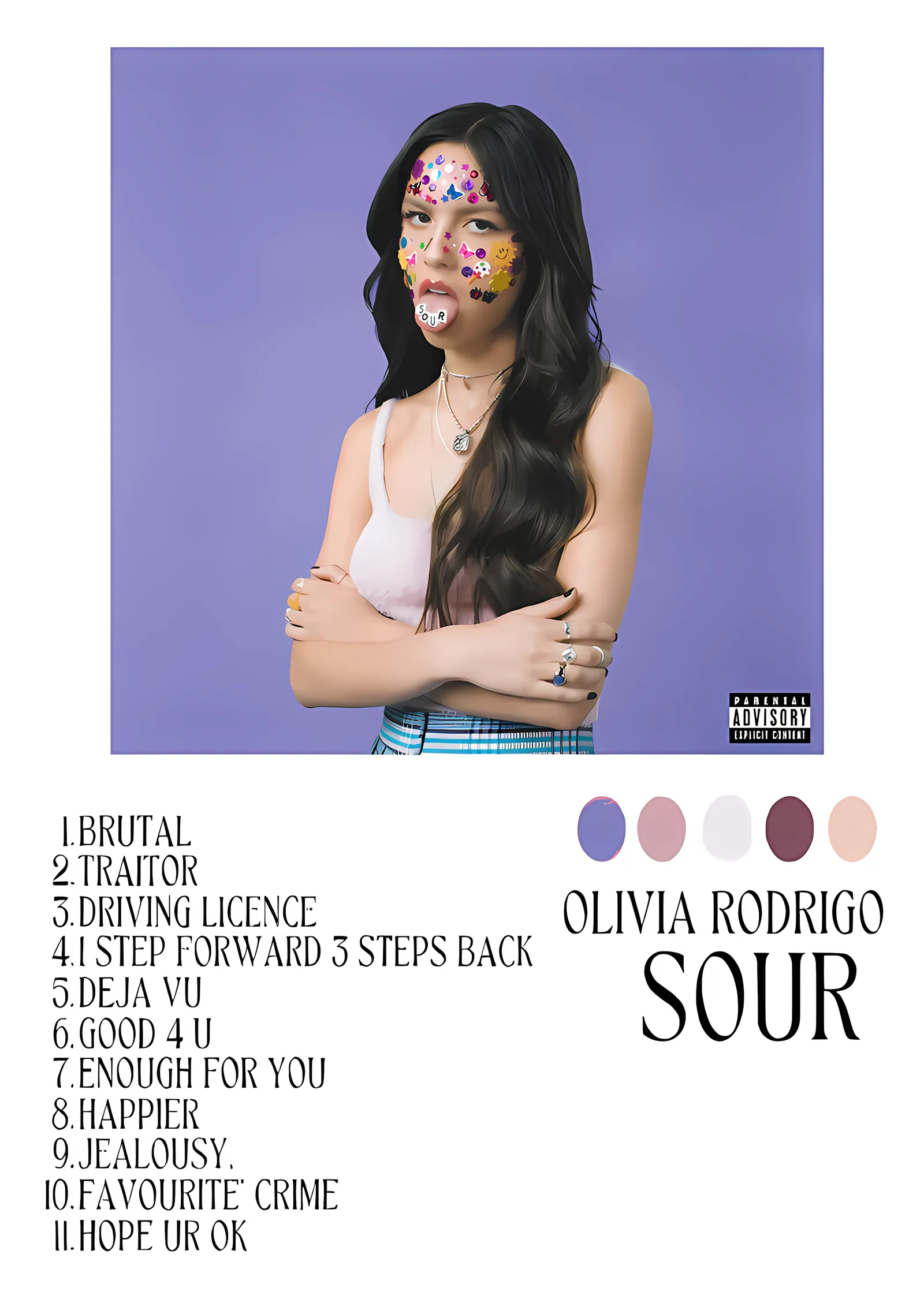 Olivia Rodrigo - SOUR Tracklist metal tablo