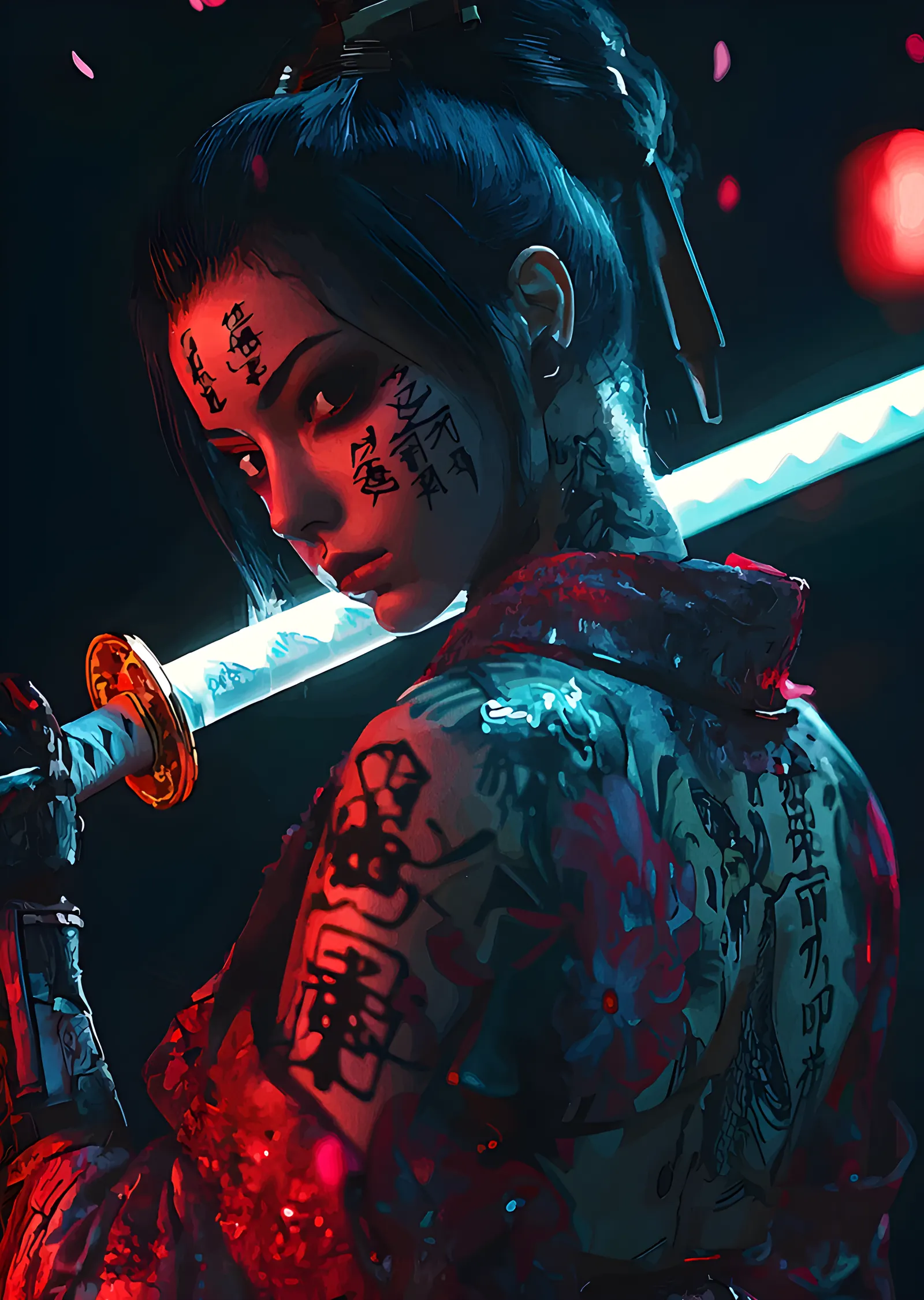 Neon Sokakta Katanalı Anime Savaşçı metal tablo