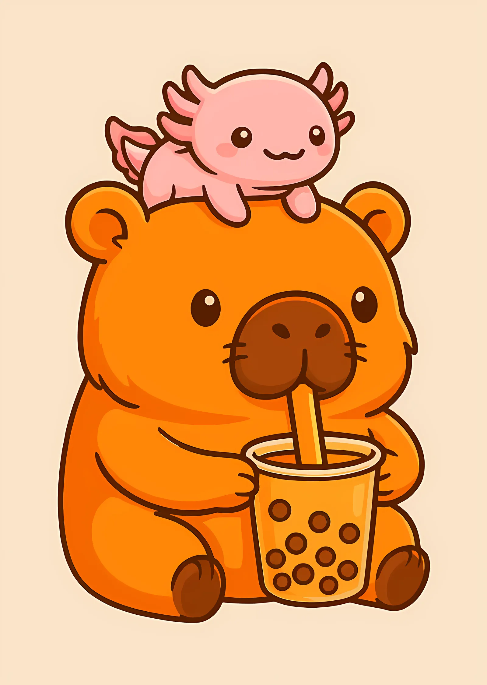Bubble Tea İçen Kapibara ve Aksolot metal tablo