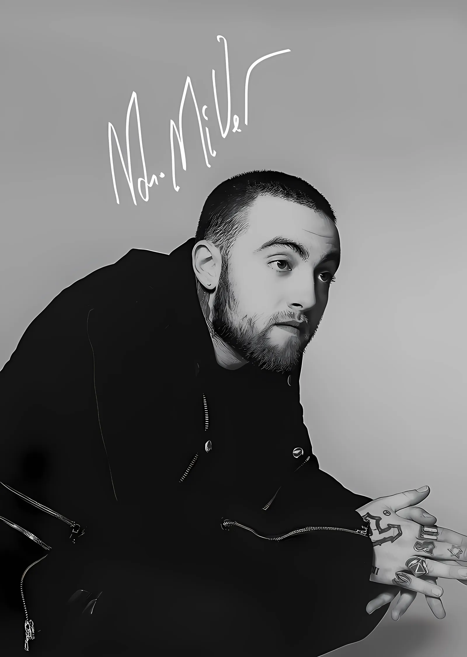 Mac Miller - İmzalı Siyah Beyaz Portre metal tablo