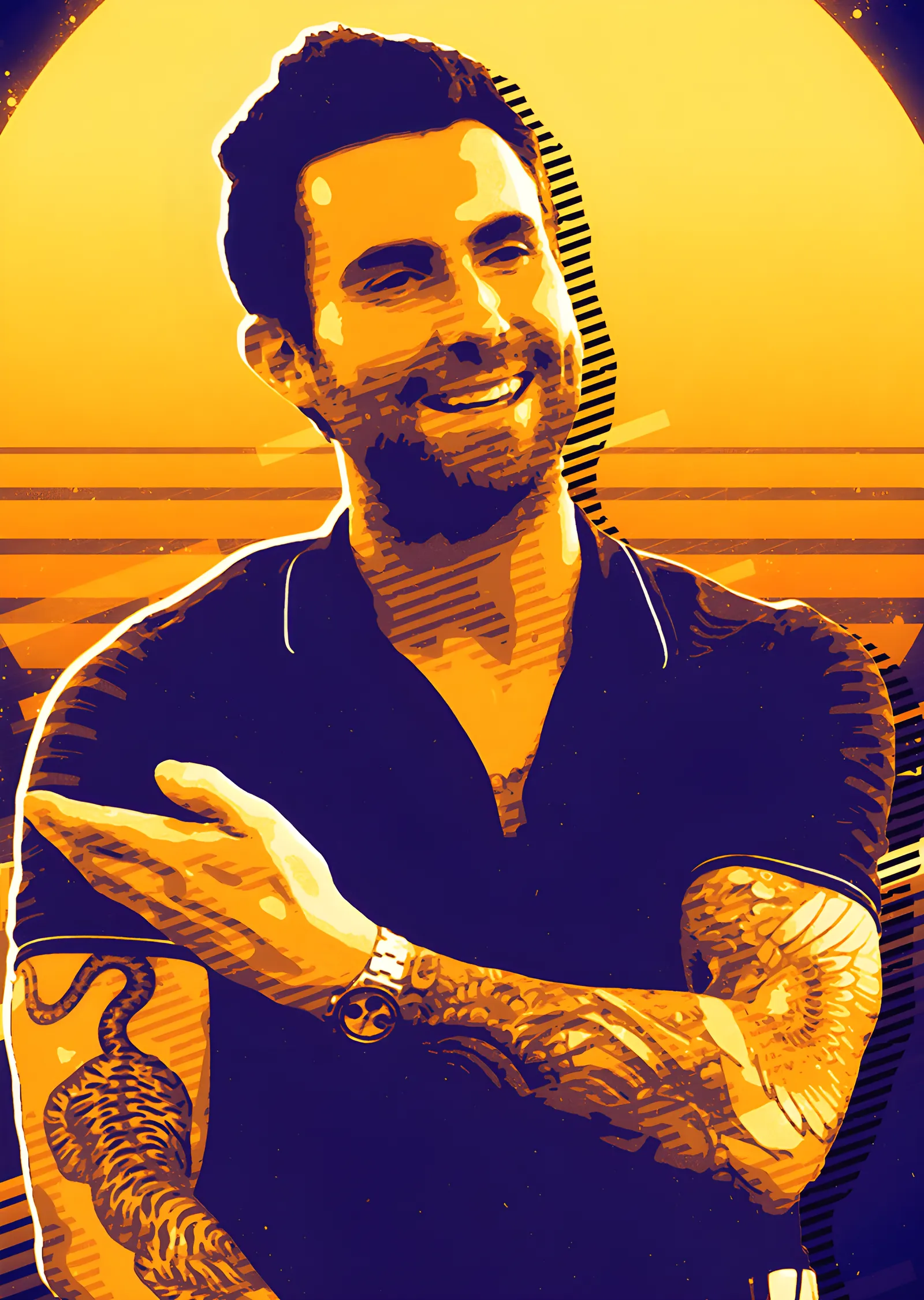 Adam Levine - Turuncu Gün Batımı Portresi metal tablo