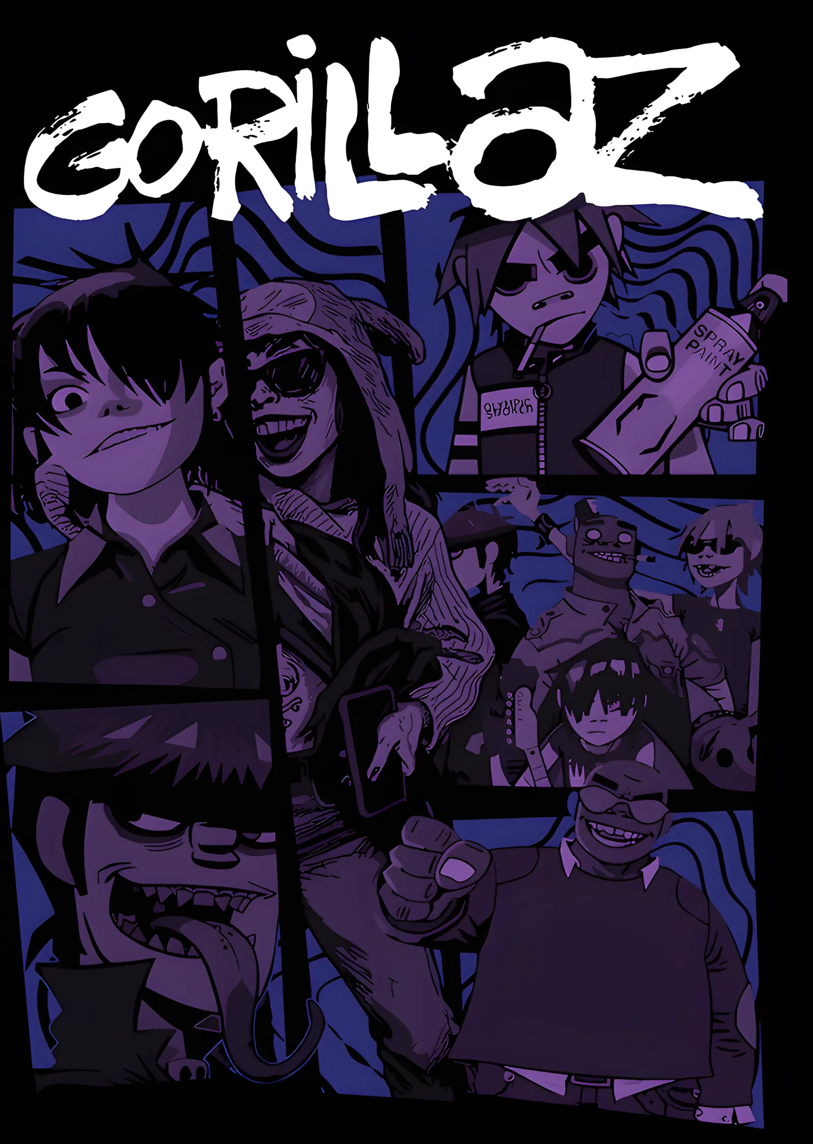 Gorillaz - Mor Çizgi Roman Kolajı metal tablo