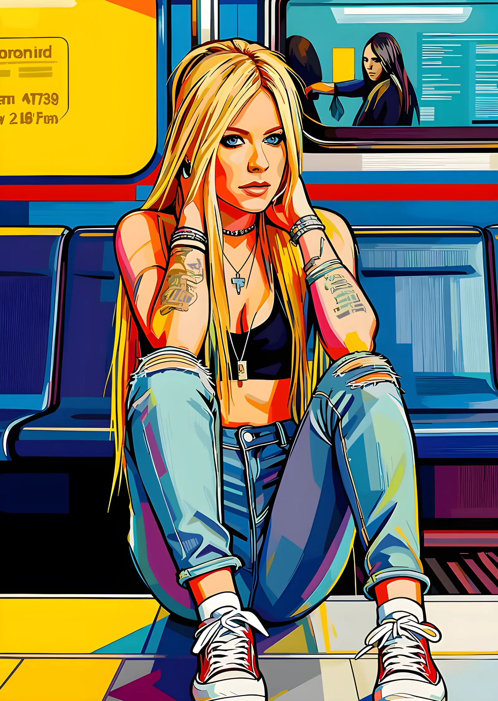 Avril Lavigne - Metro Vagonunda İllüstrasyon metal tablo