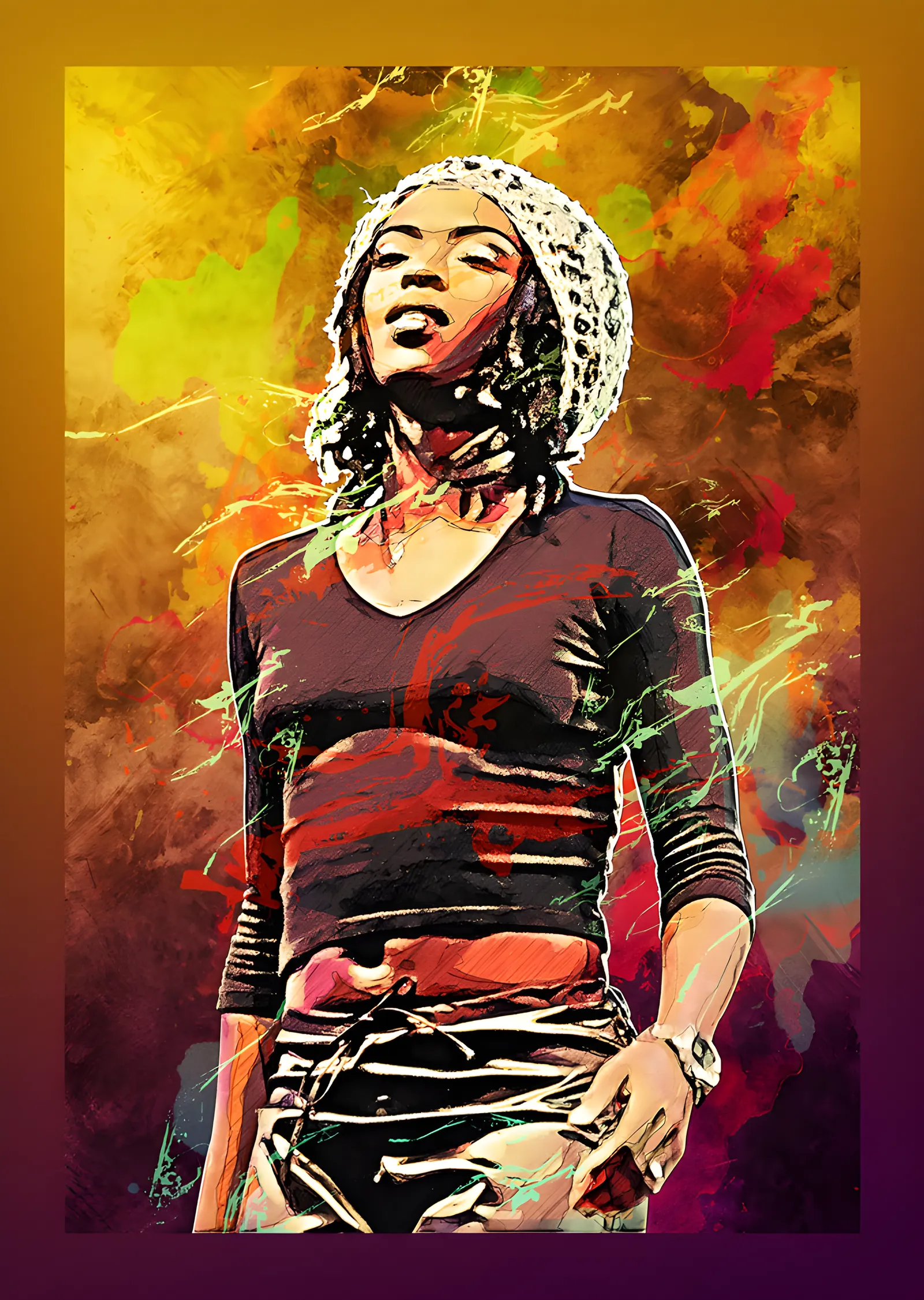Lauryn Hill - Renk Patlamalı Sahne Portresi metal tablo