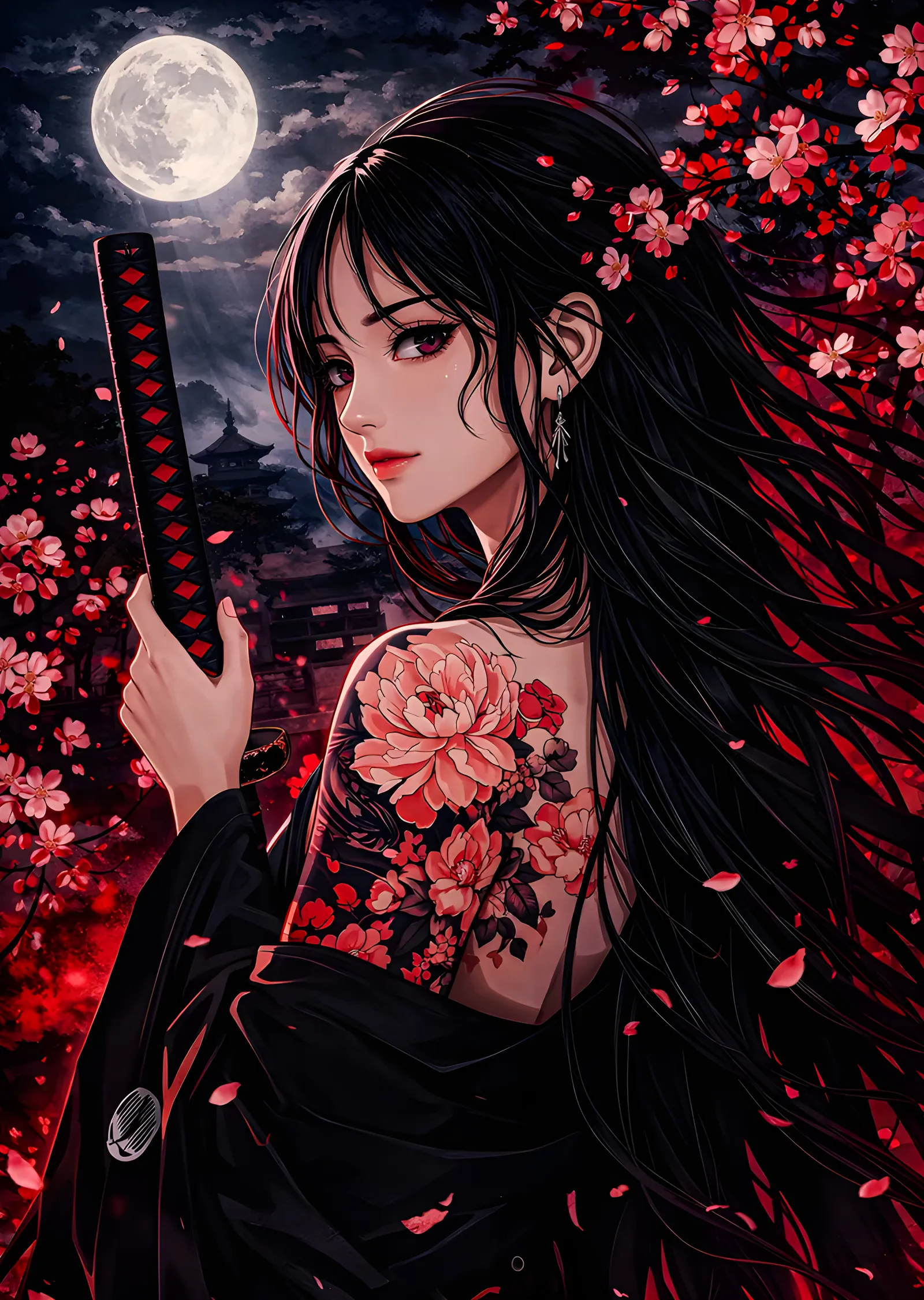Dolunayda Katanalı Anime Portre metal tablo