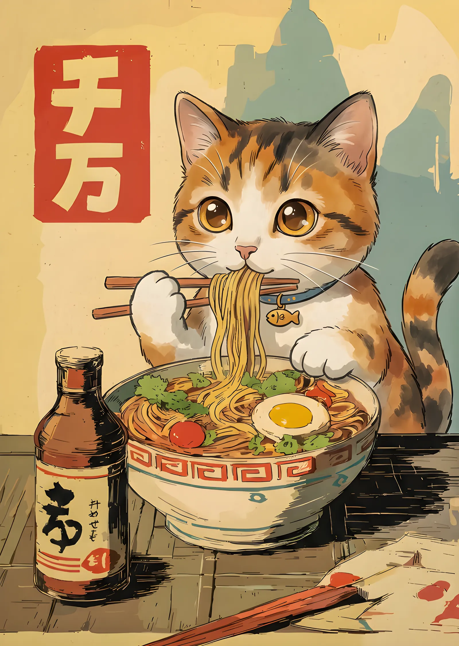 Ramen Yiyen Tekir Kedi metal tablo