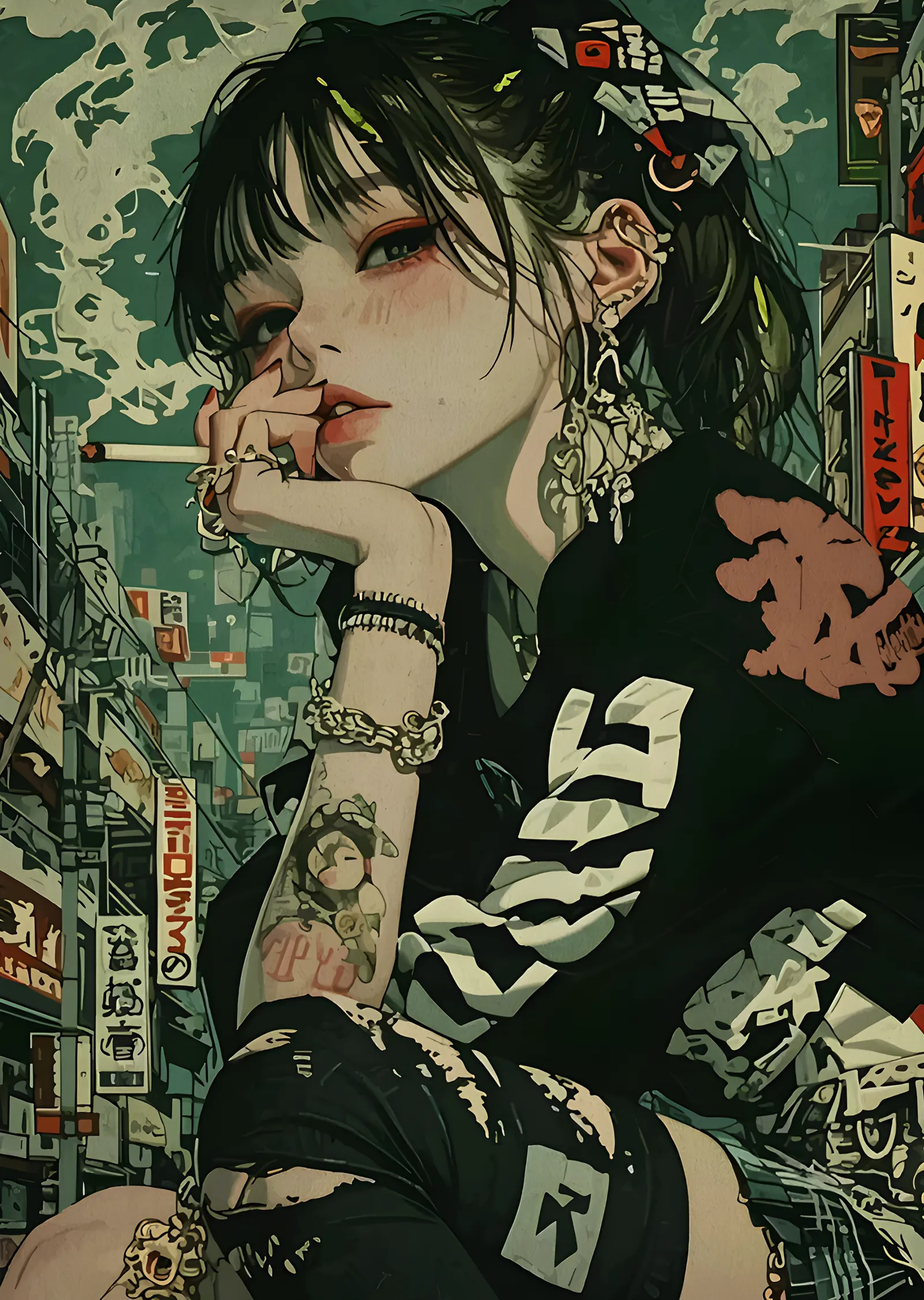 Afişli Duvarın Önünde Anime Portre metal tablo