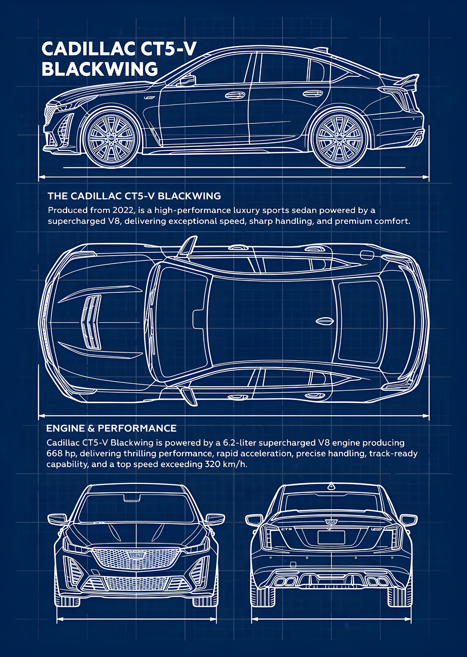 Cadillac CT5-V Blackwing - Teknik Çizim metal tablo