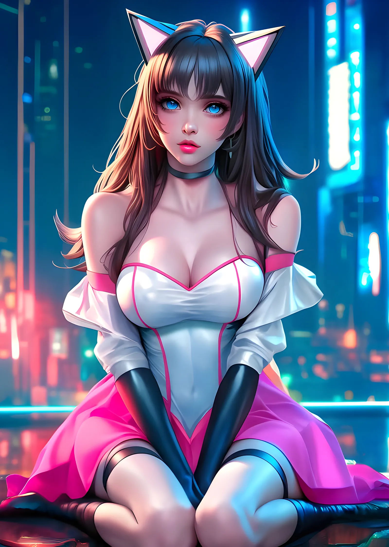 Kedi Kulaklı Anime Kız - Neon Şehir metal tablo
