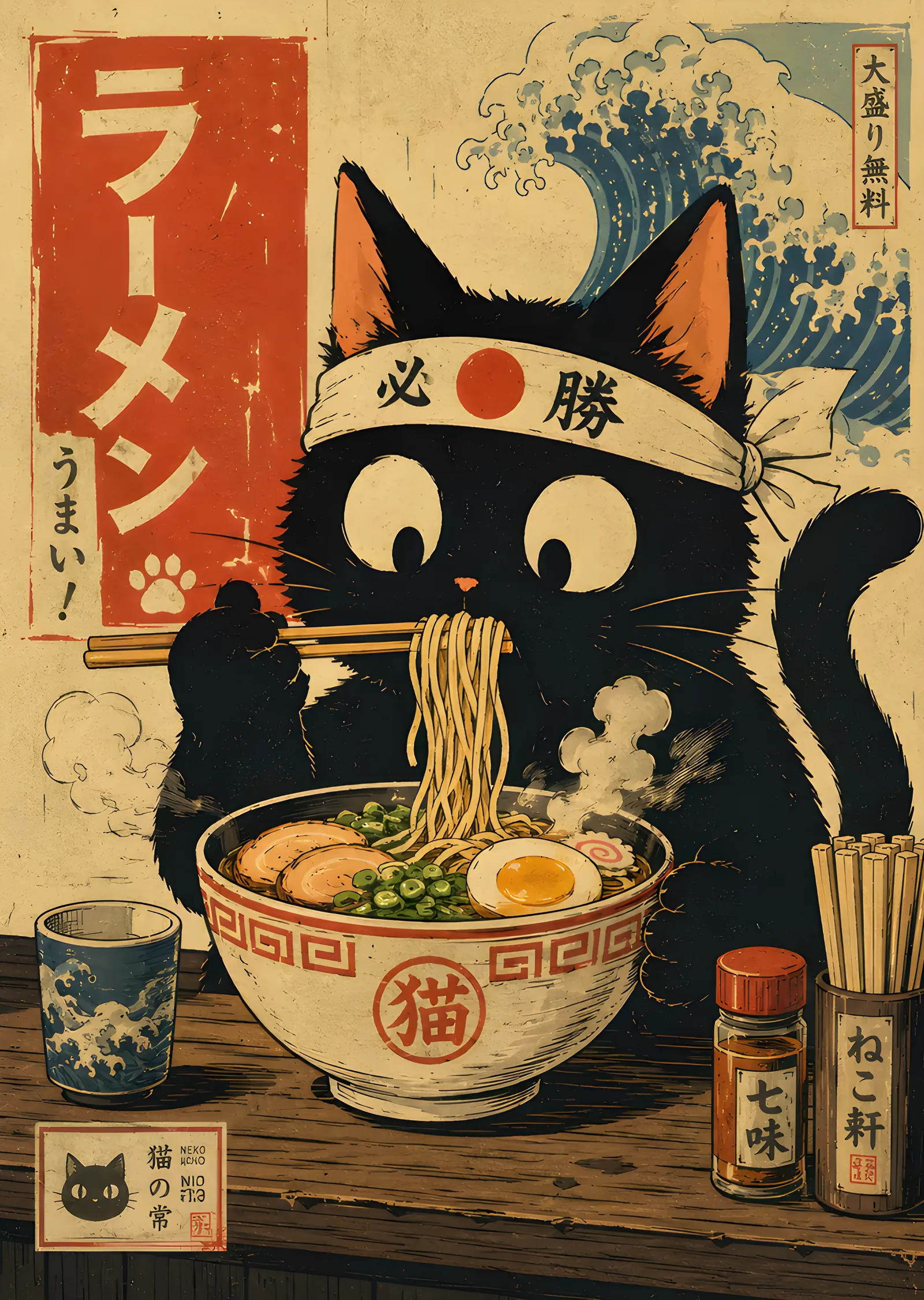 Ramen Yiyen Kedi - Ukiyo-e metal tablo