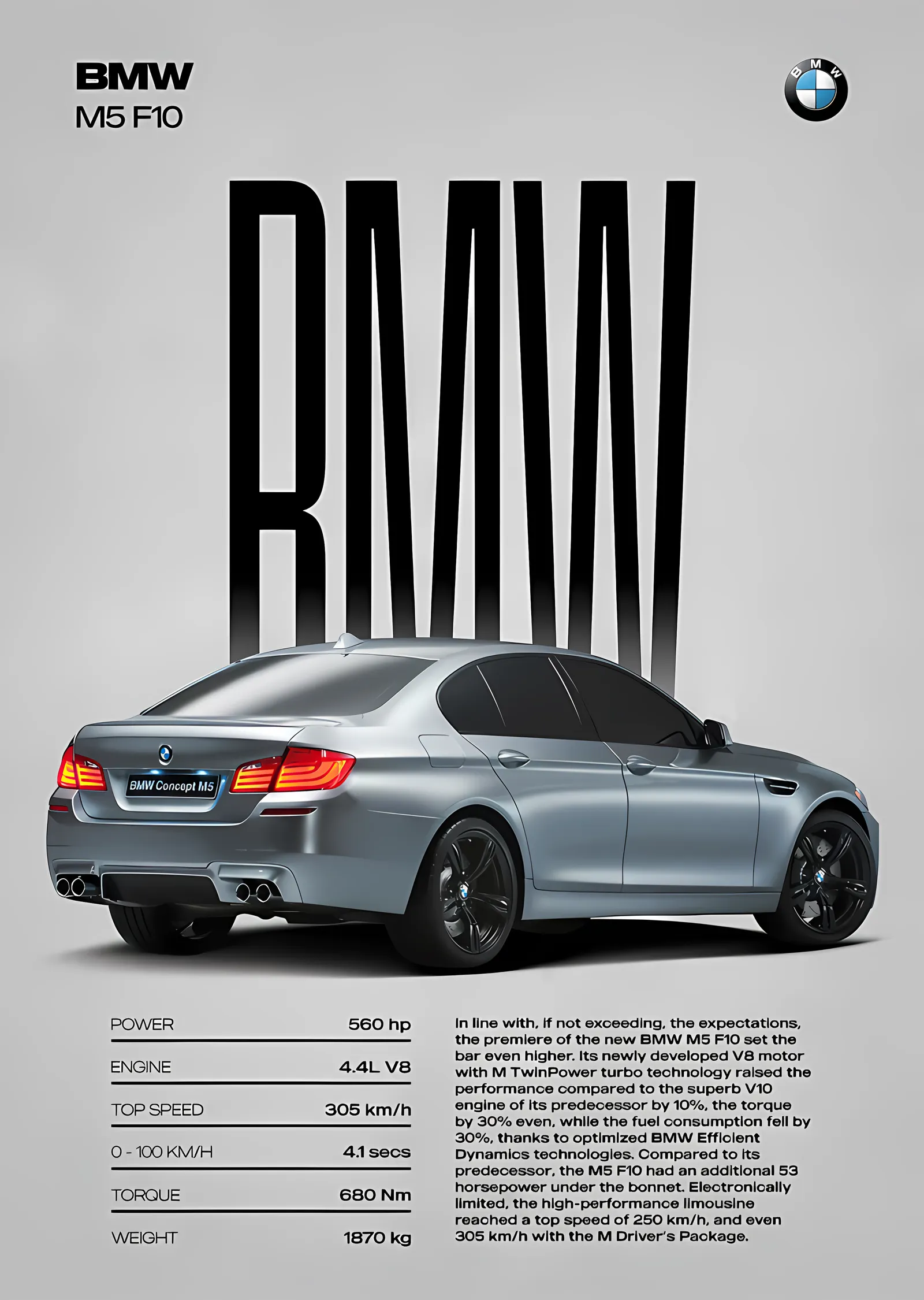 BMW M5 F10 · Açık Zeminde Arka Profil metal tablo