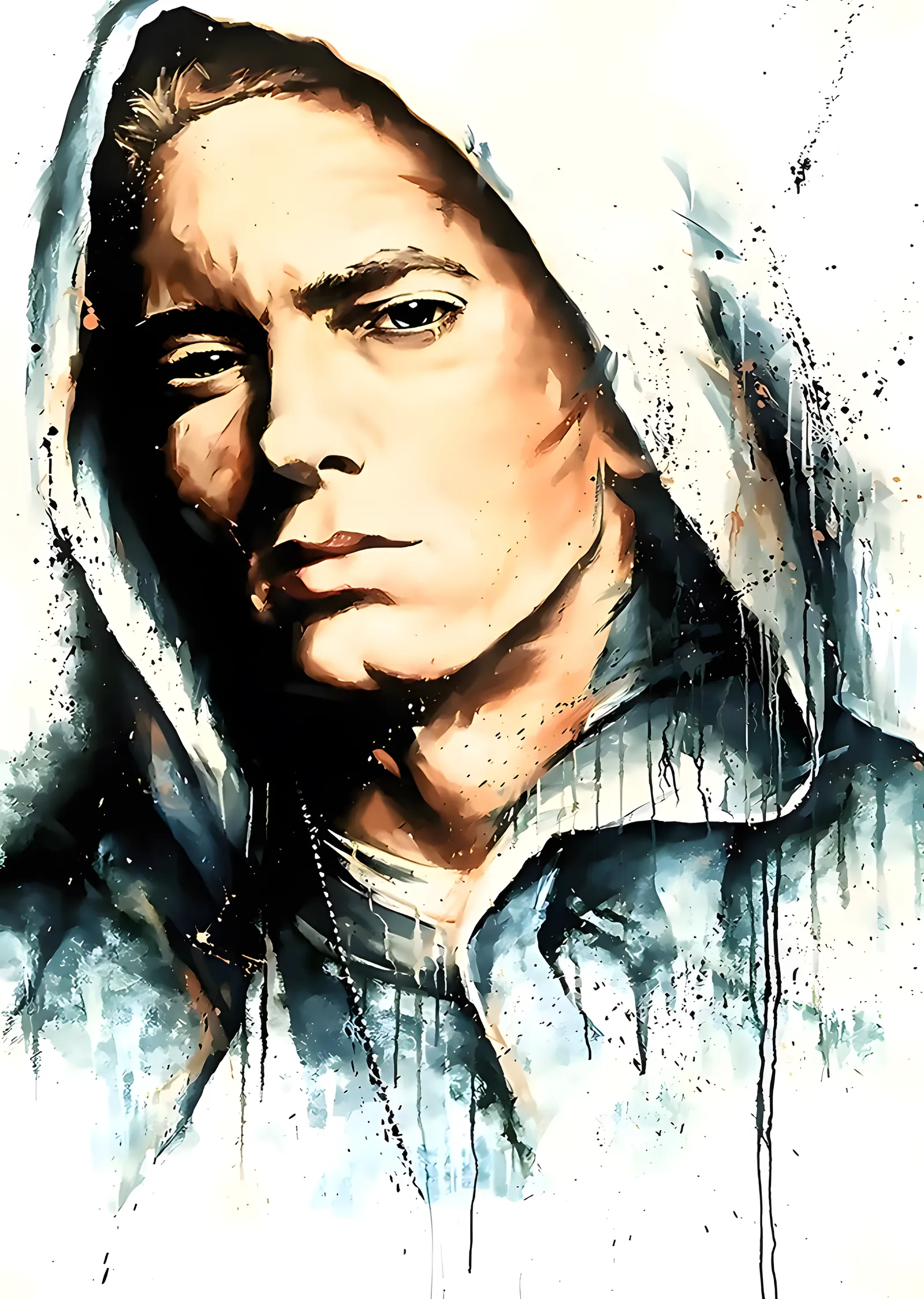 Eminem - Suluboya Kapüşonlu Portre metal tablo