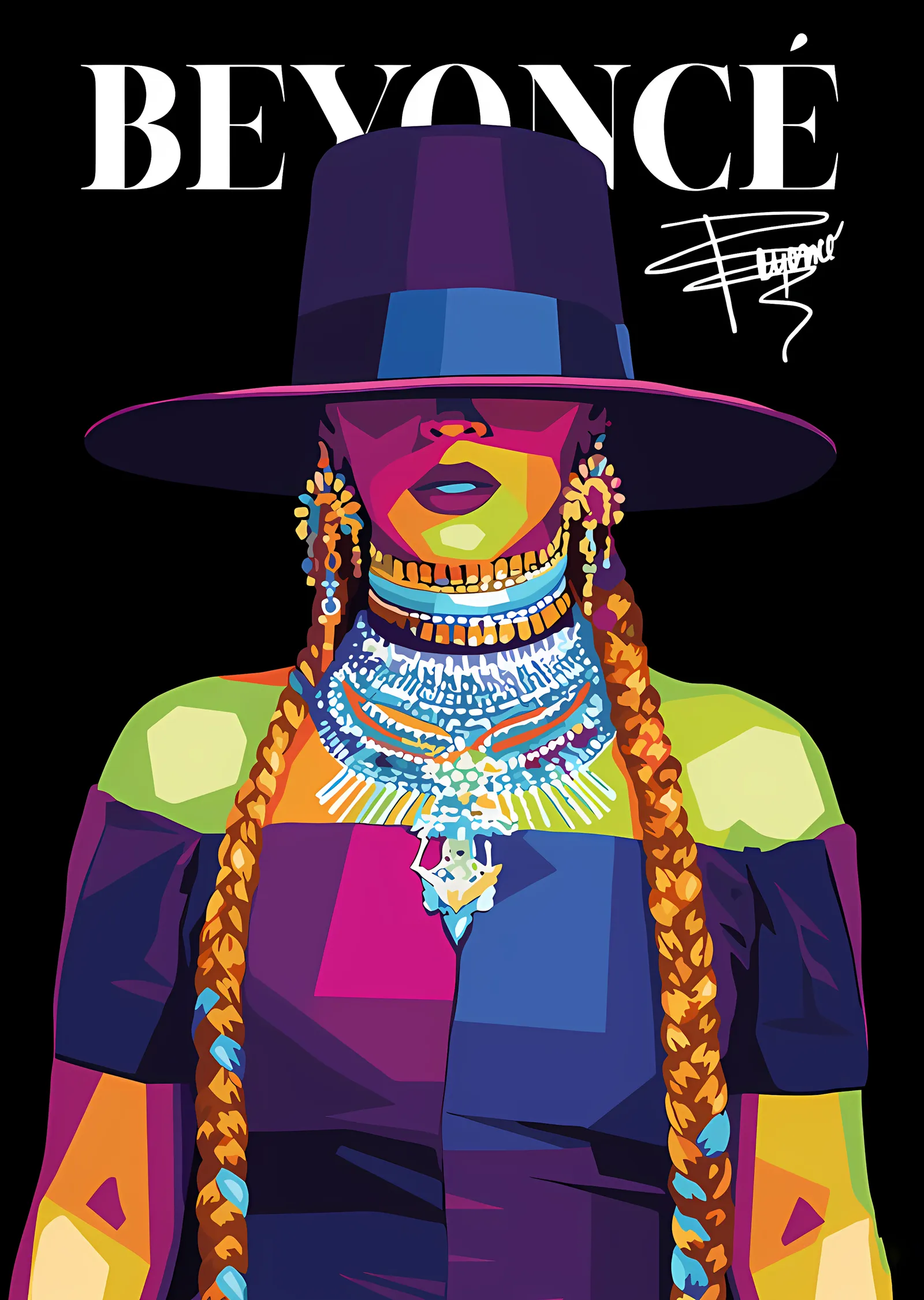 Beyoncé - Renk Bloklu Şapkalı Portre metal tablo
