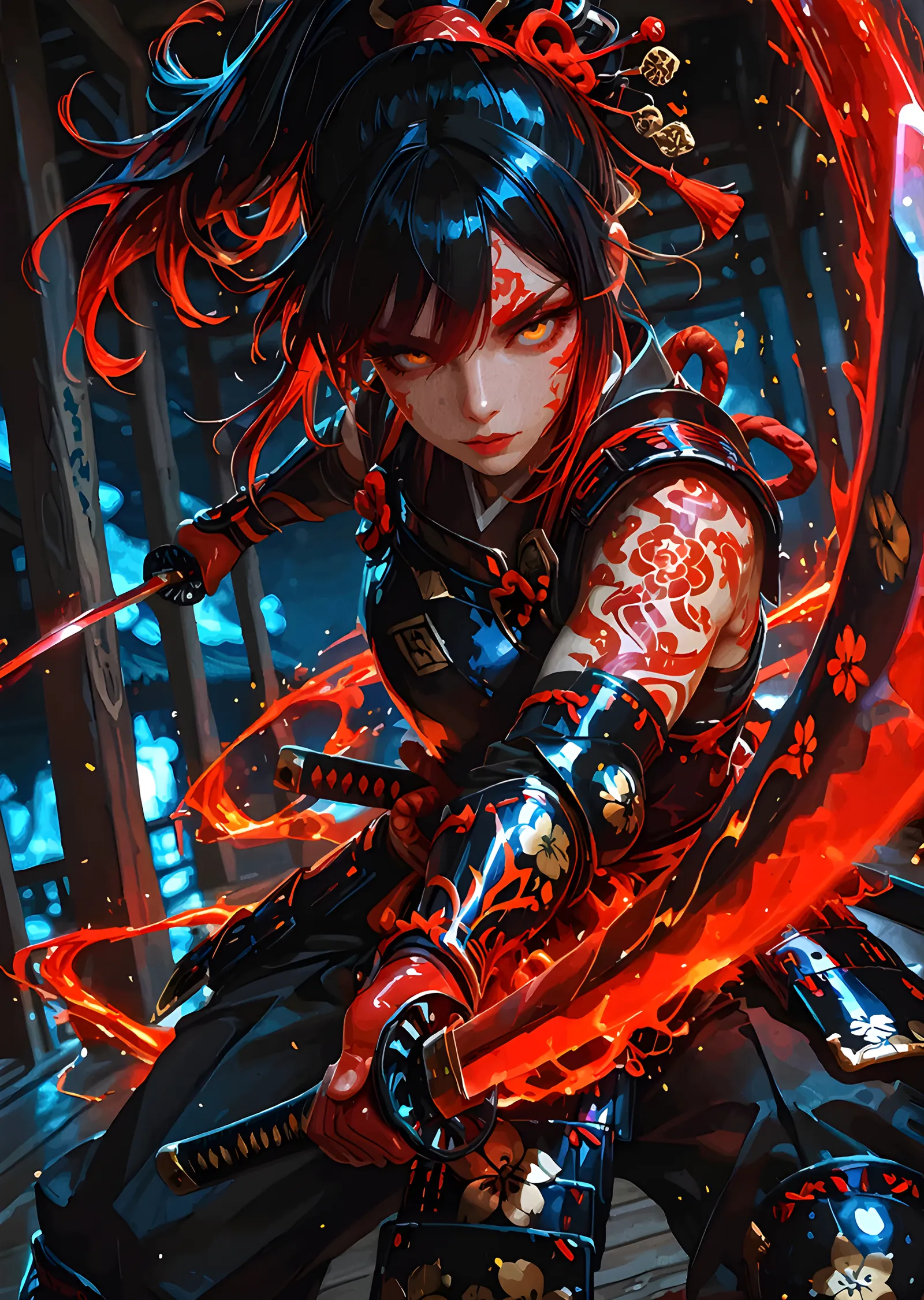 Kızıl Neonda Zırhlı Anime Savaşçı metal tablo