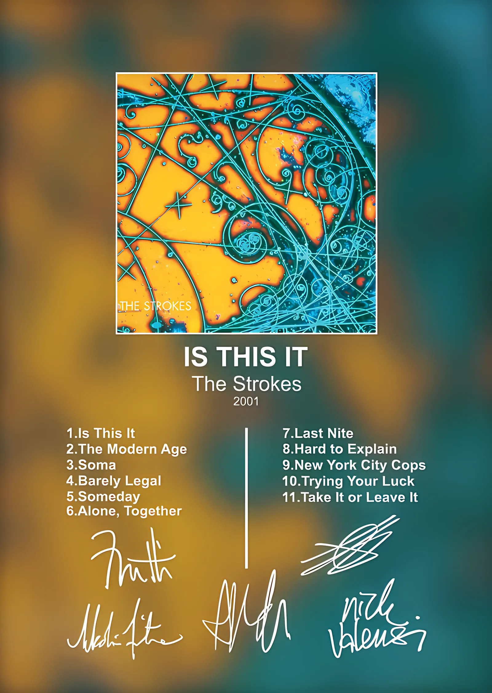 The Strokes - Is This It Künyesi: Turkuaz Zemin metal tablo