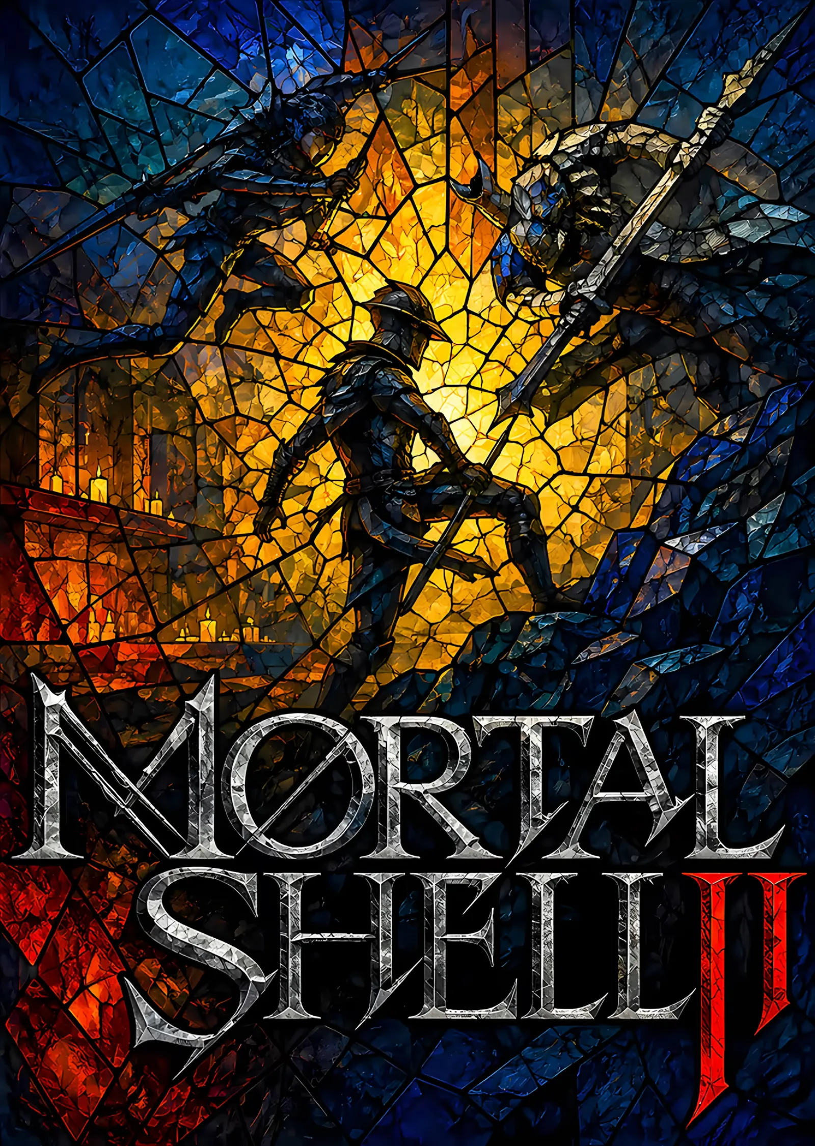 Mortal Shell II: Altın Vitrayda Kılıçlı Figür metal tablo