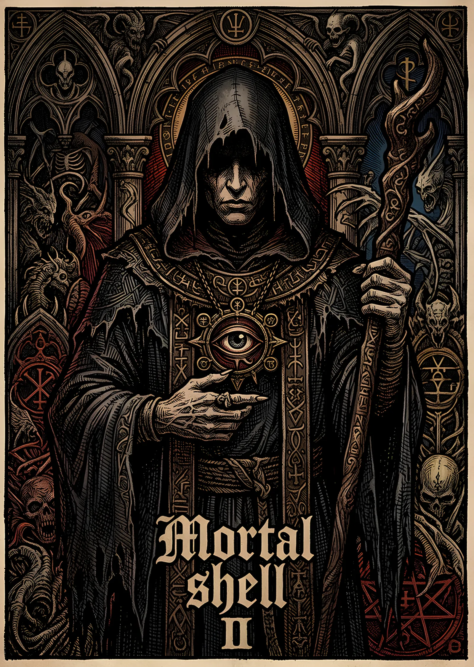 Mortal Shell II: Girift Çerçevede Kapüşonlu Figür metal tablo