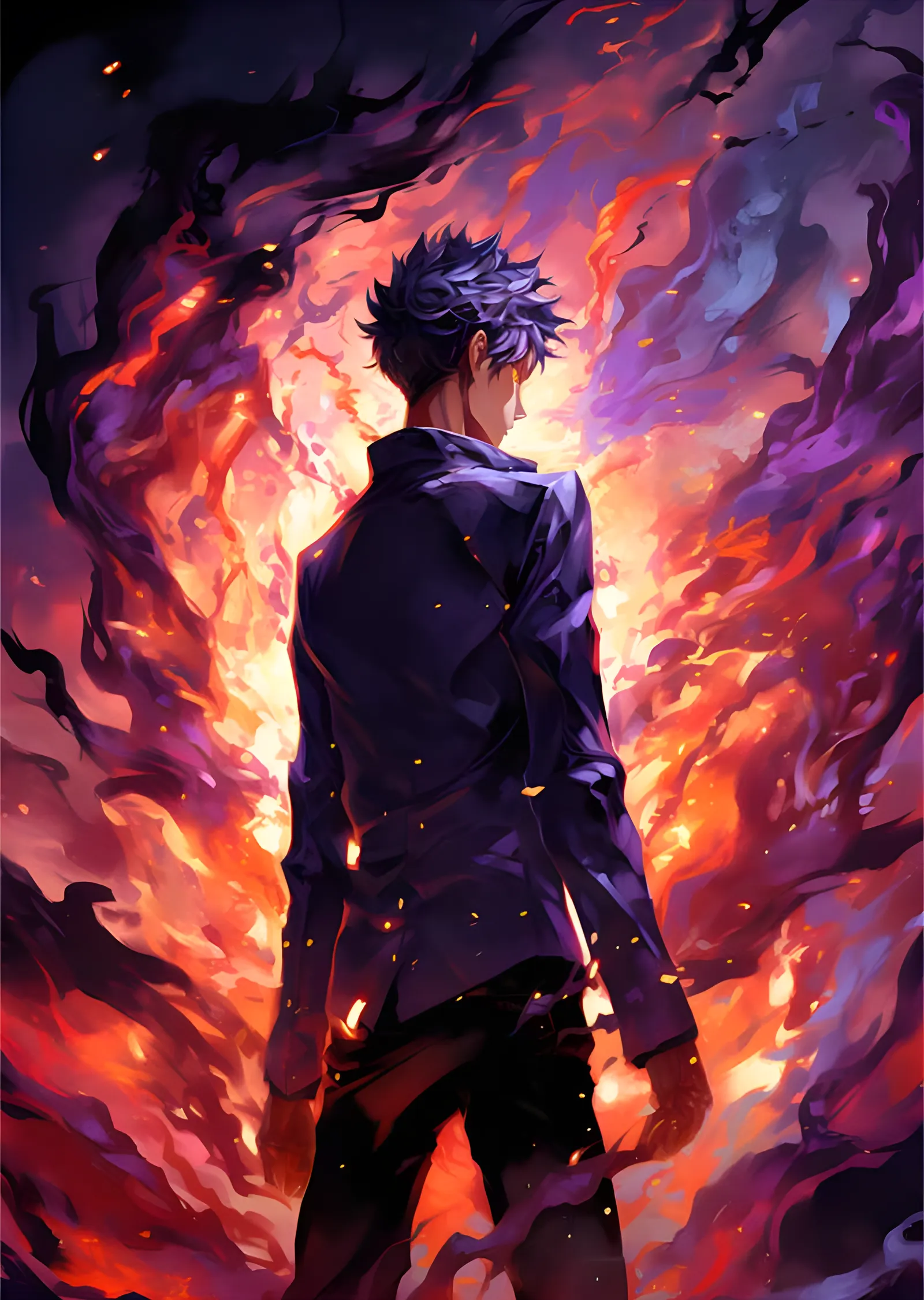 Alevlerin İçinde Sırtı Dönük Anime Savaşçı metal tablo