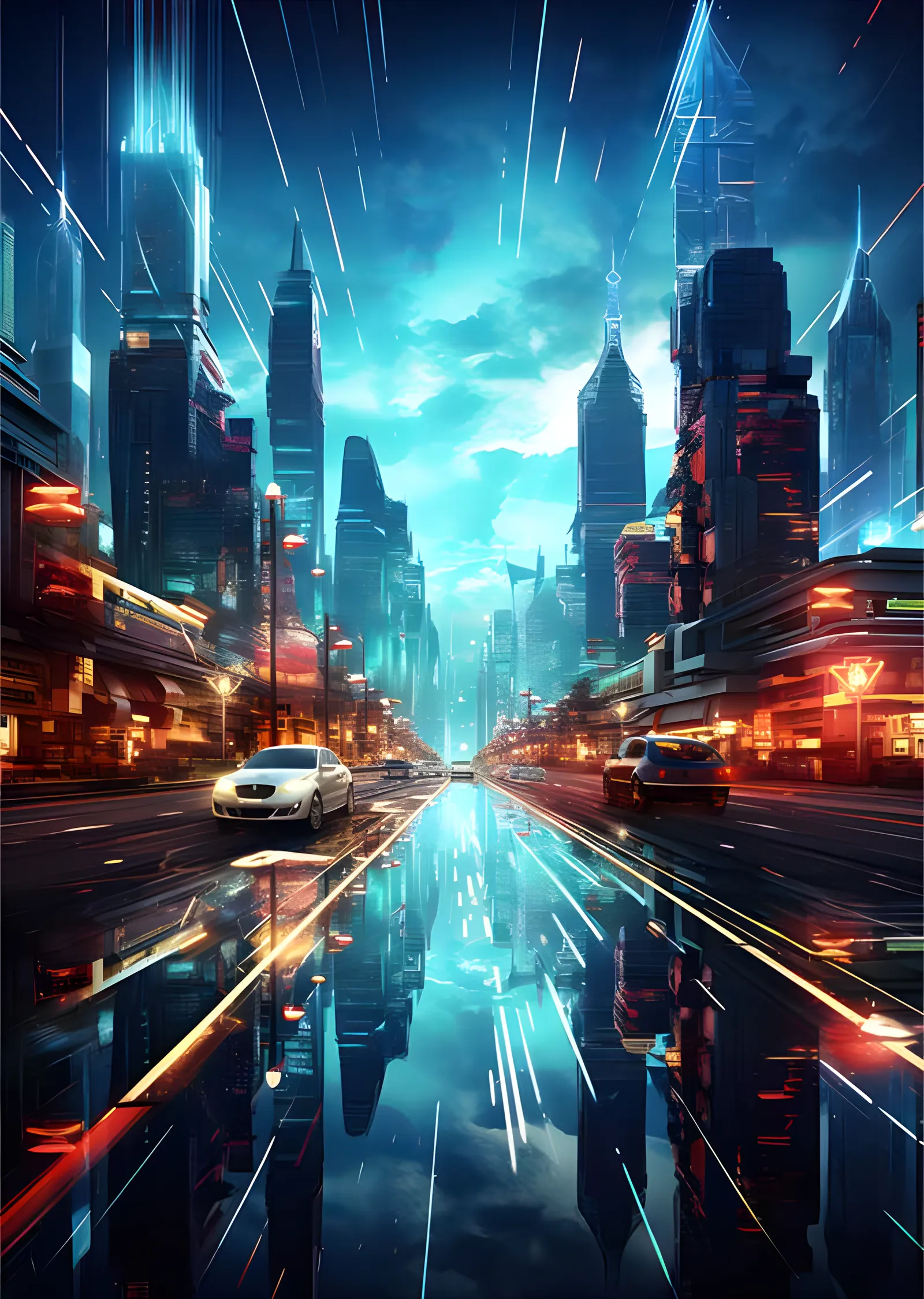 Neon Nexus - Turkuaz Gökyüzü Bulvarı metal tablo