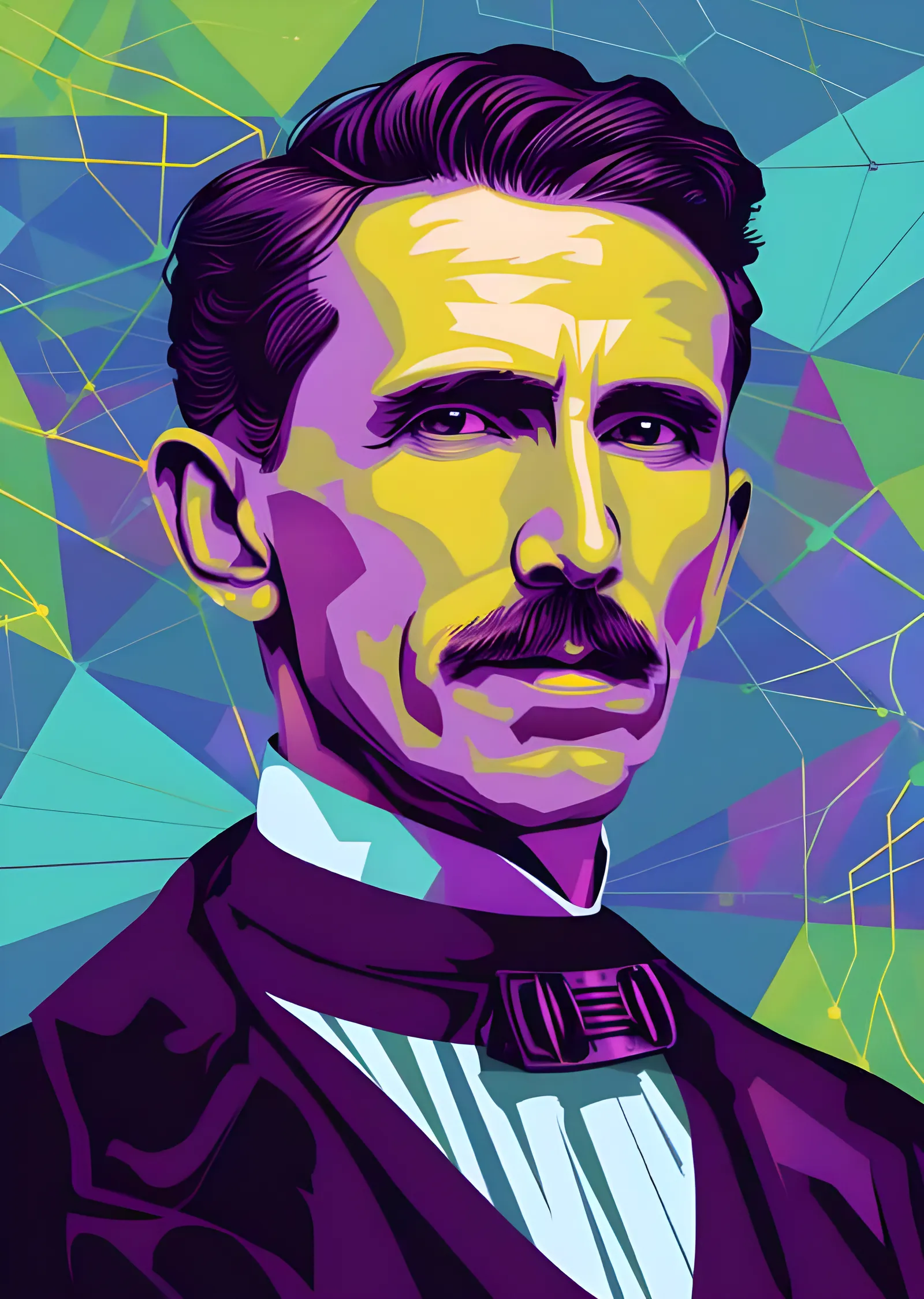 Nikola Tesla - Geometrik Ağ Üzerinde Portre metal tablo