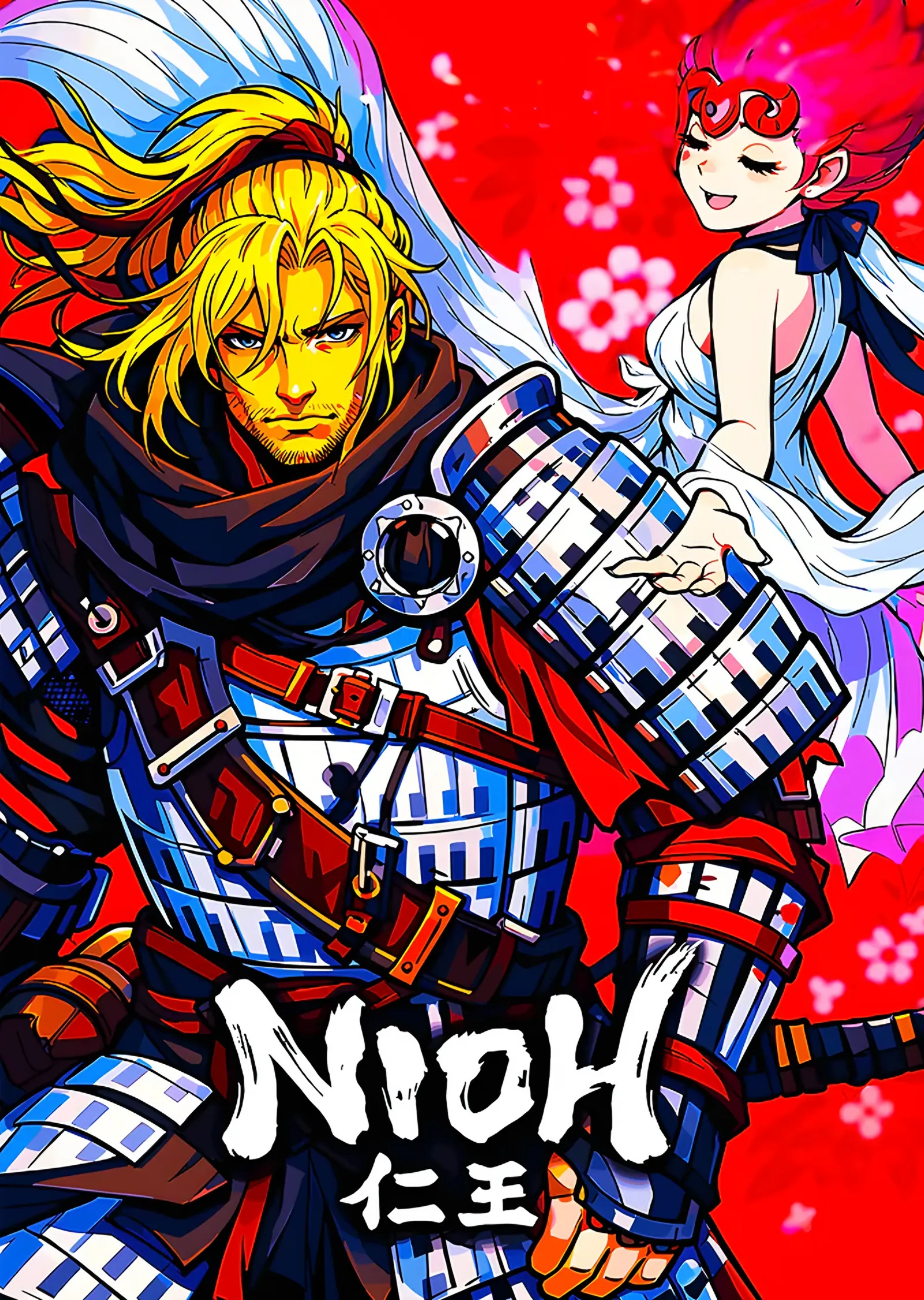 Nioh: Kızıl Zeminde Sarışın Samuray ve Ruh metal tablo