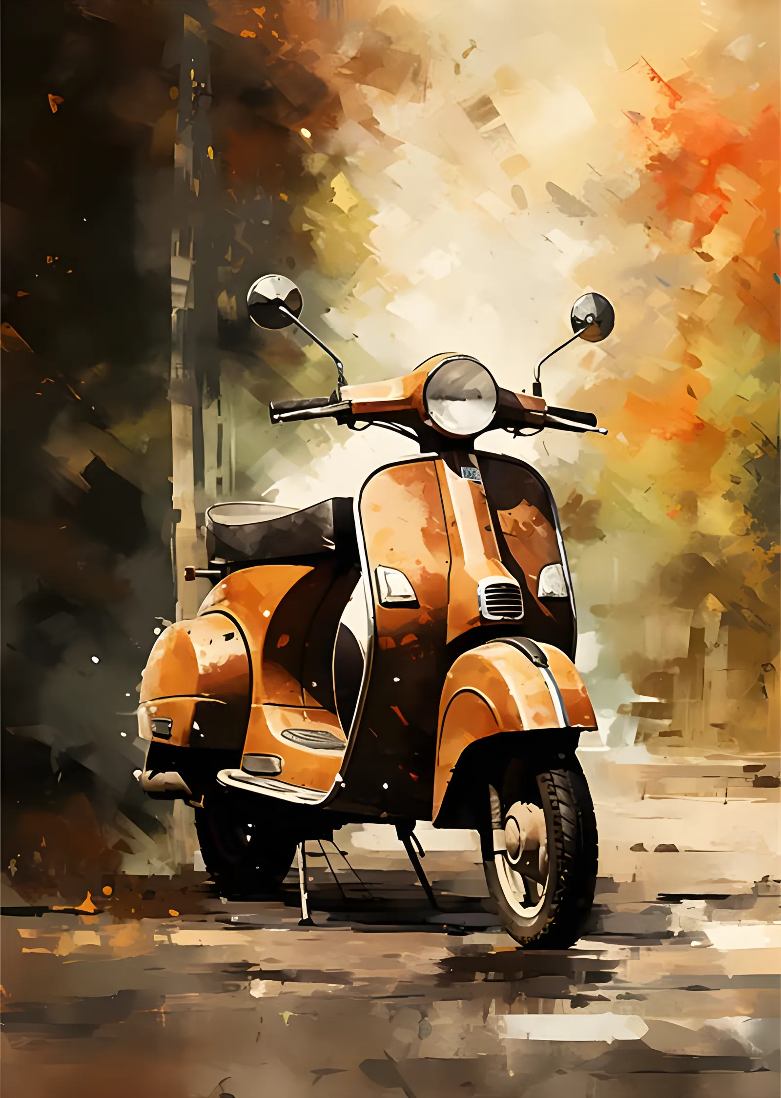 İtalyan Sokağında Turuncu Vespa metal tablo