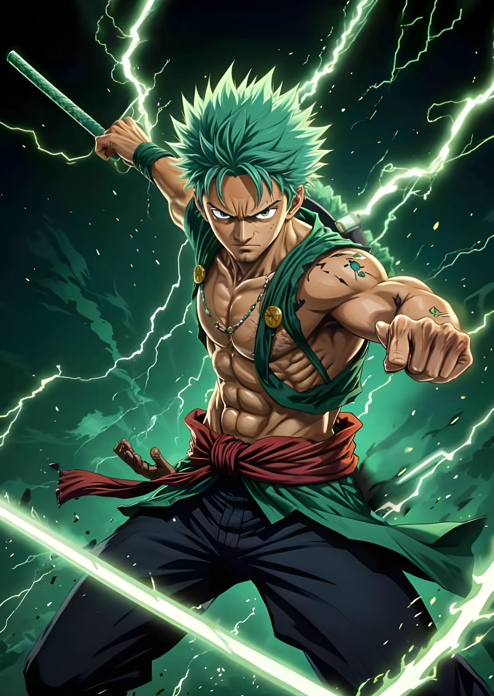 One Piece - Zoro Yeşil Şimşekler Arasında metal tablo