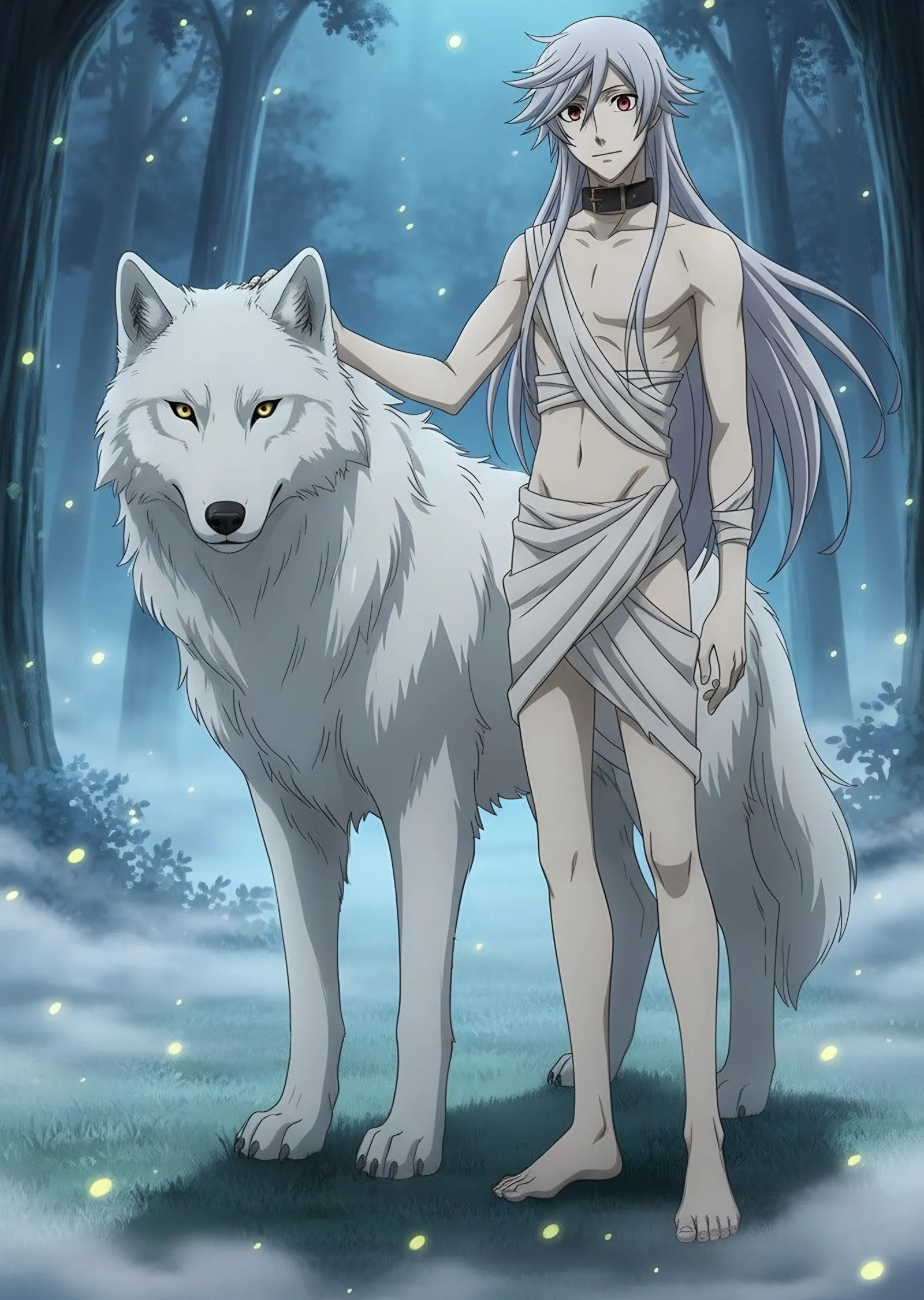 Ormanda Beyaz Kurt ve Anime Figürü metal tablo