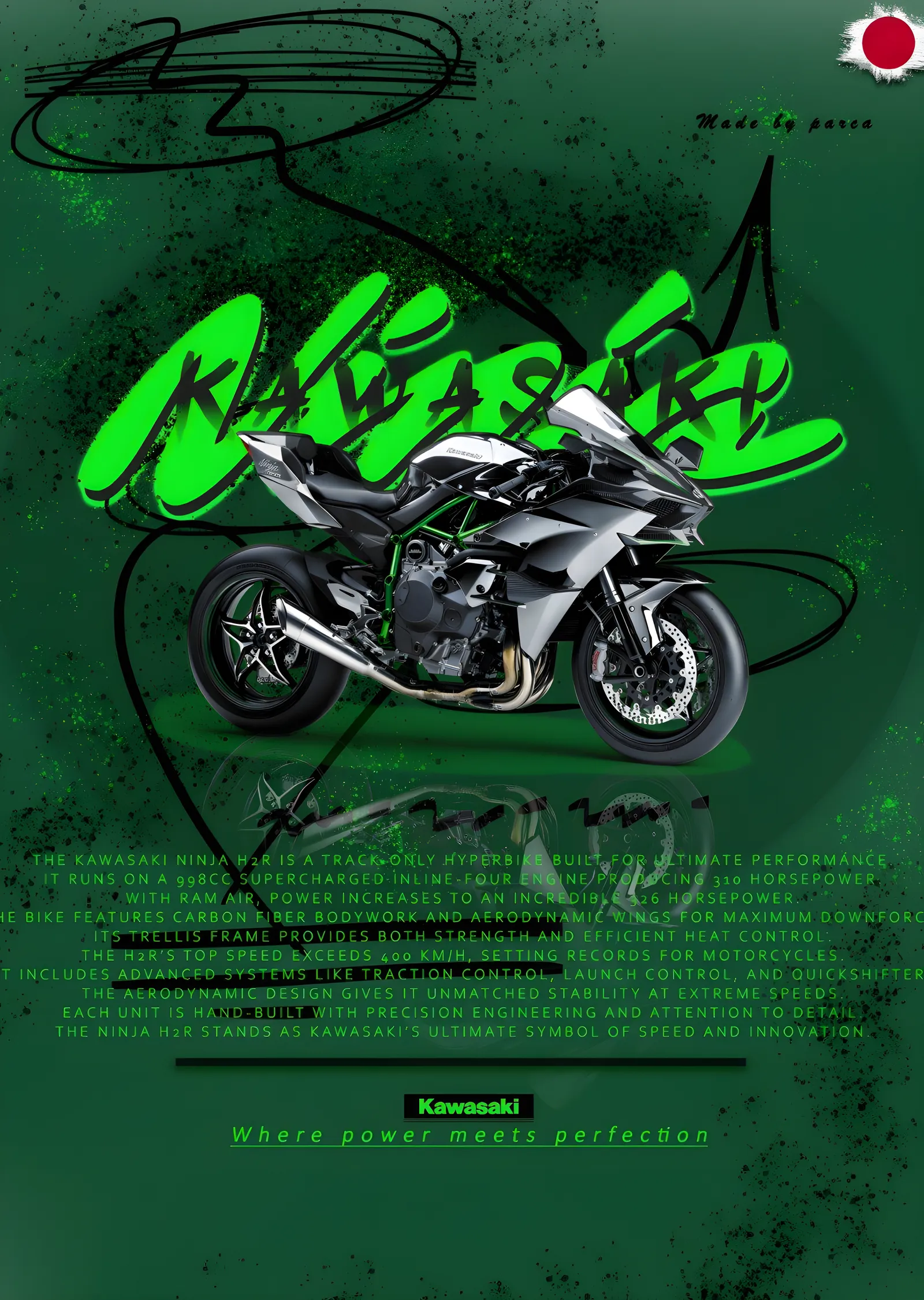 Kawasaki Ninja H2 - Yeşil Grafiti metal tablo