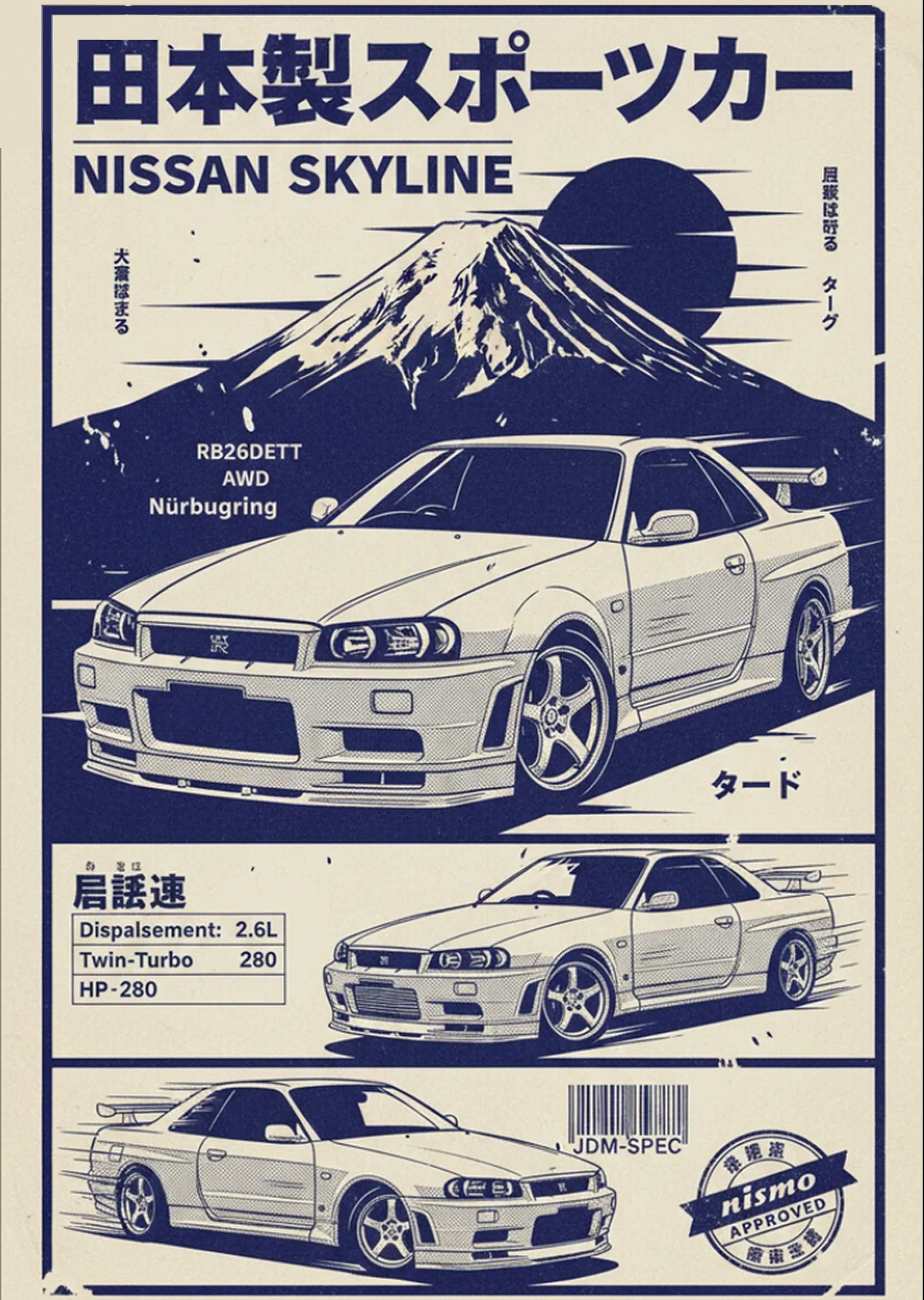 Nissan Skyline R34 - Teknik Çizim metal tablo