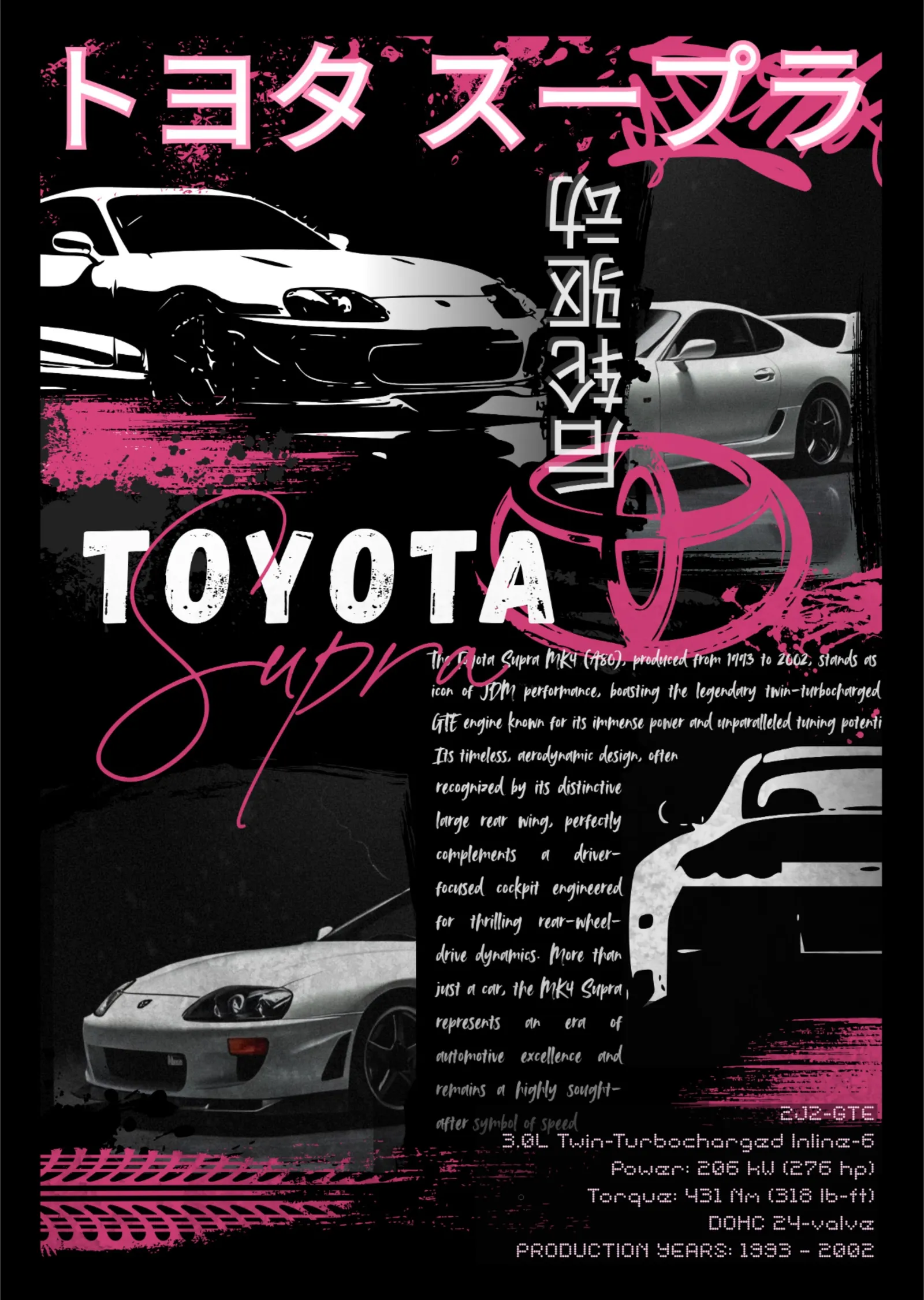 Toyota Supra - Pembe Tipografi metal tablo
