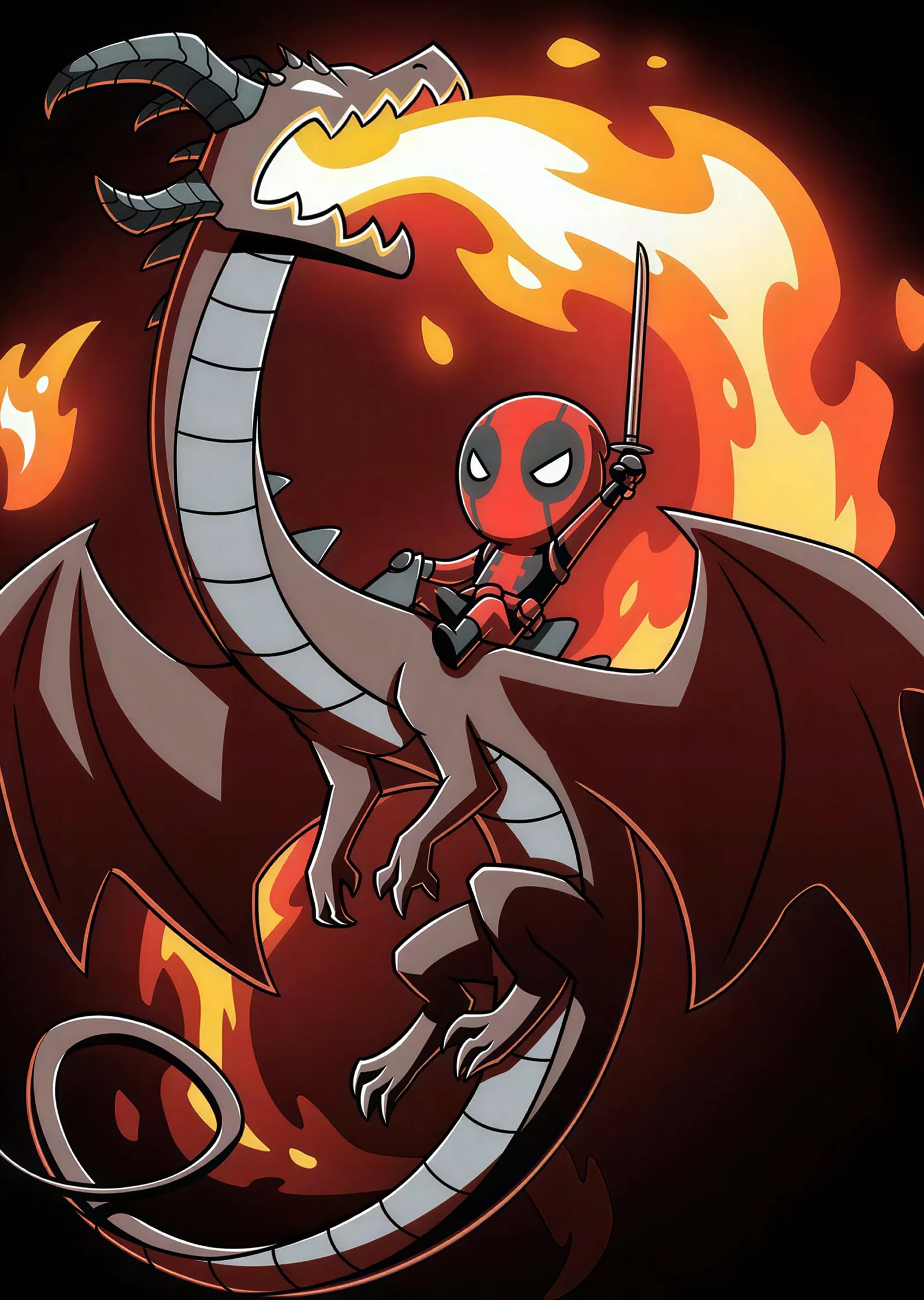 Chibi Deadpool ve Ejderha metal tablo