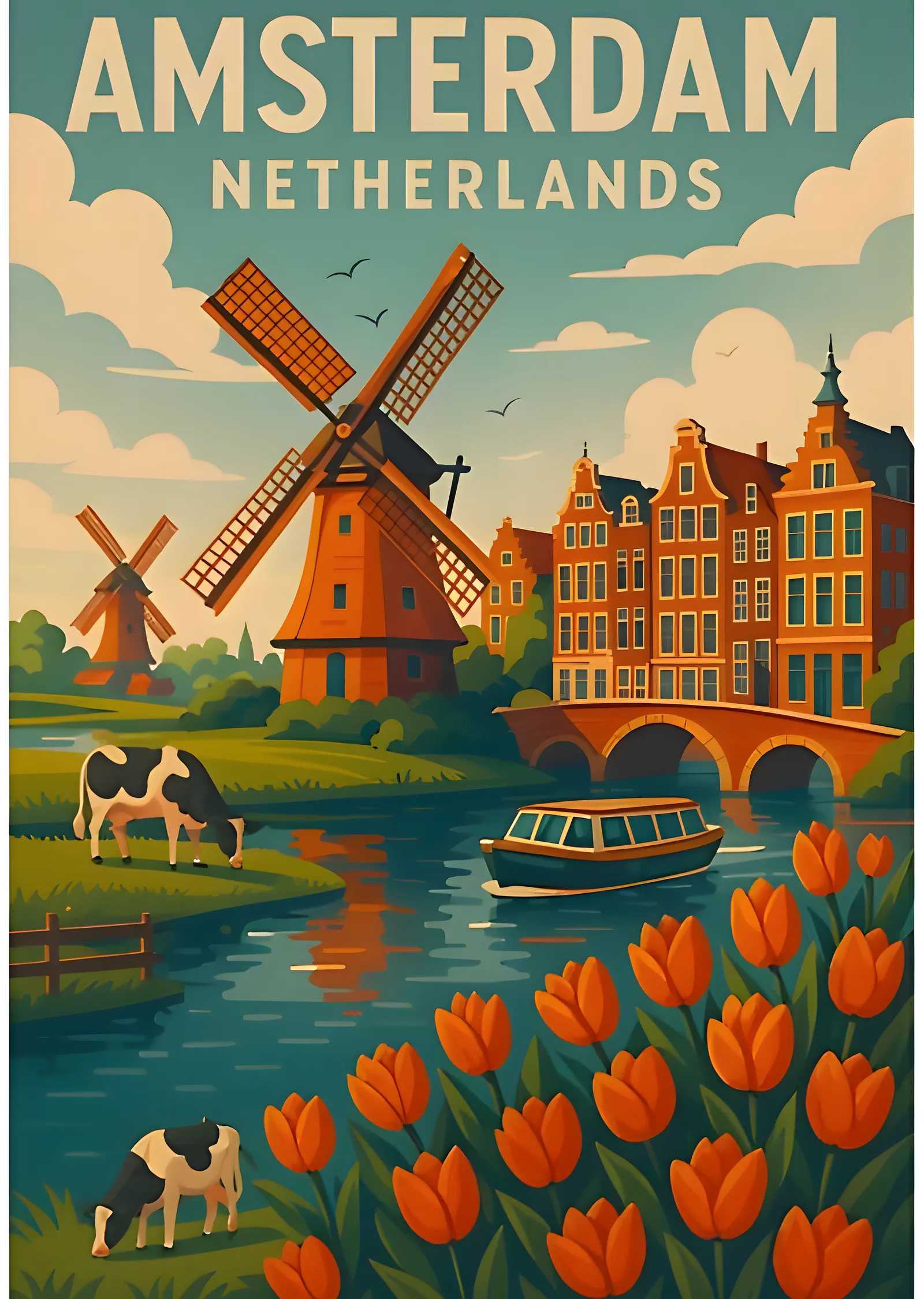 Amsterdam: Yel Değirmenleri ve Laleler metal tablo