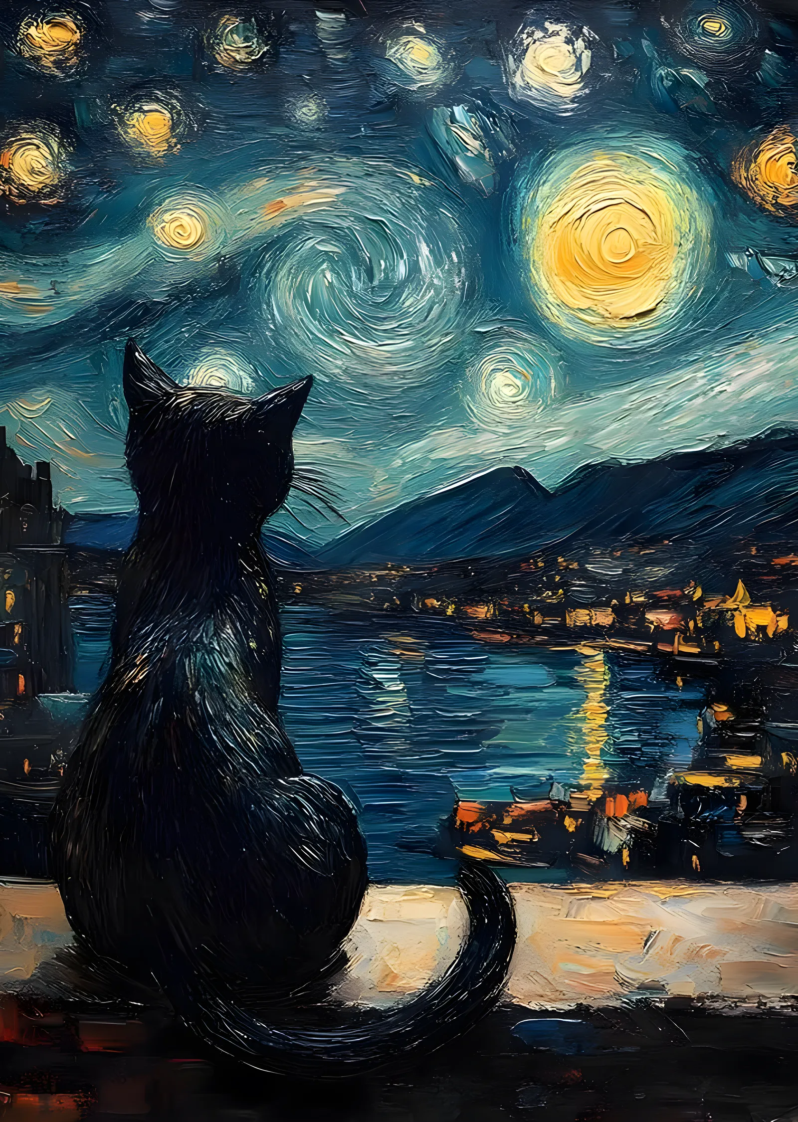 Starry Night Cat: Van Gogh İlhamı metal tablo